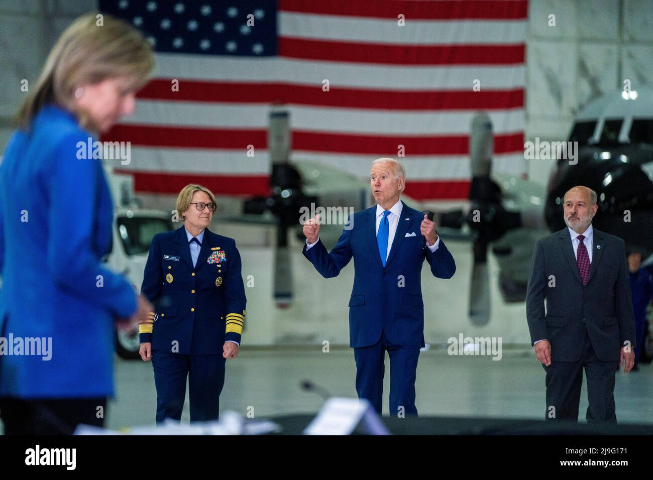 US President Joe Biden walks to a briefing on interagency efforts to prepare for and respond to hurricanes this season at Joint Base Andrews in Maryland, USA 18 May 2022. Credit: Shawn Thew / Pool via CNP Stock Photo