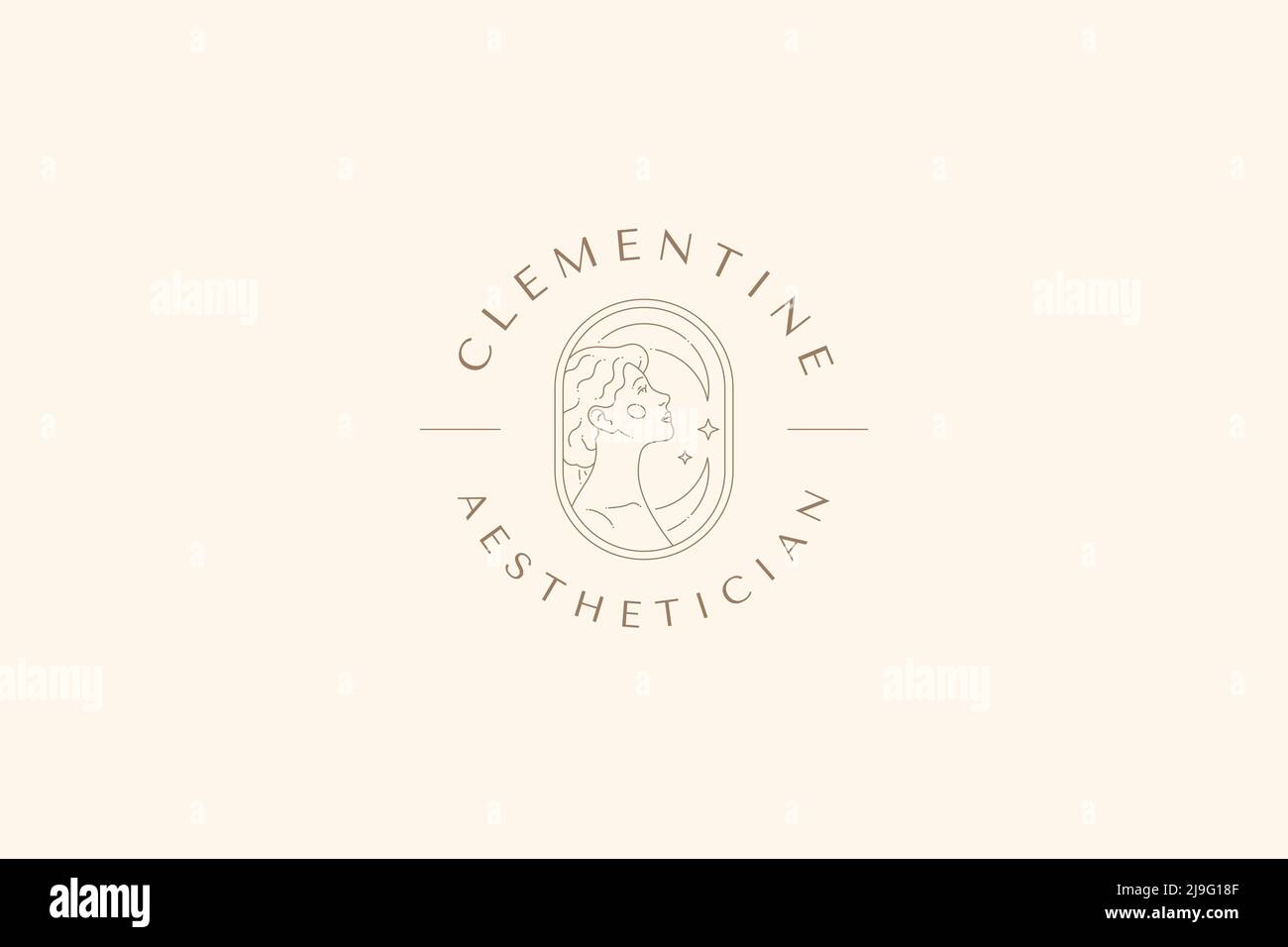Minimalist esoteric elegant woman with half moon and stars decorative frame linear logo vector illustration. Mythology romantic female natural beauty Stock Vector