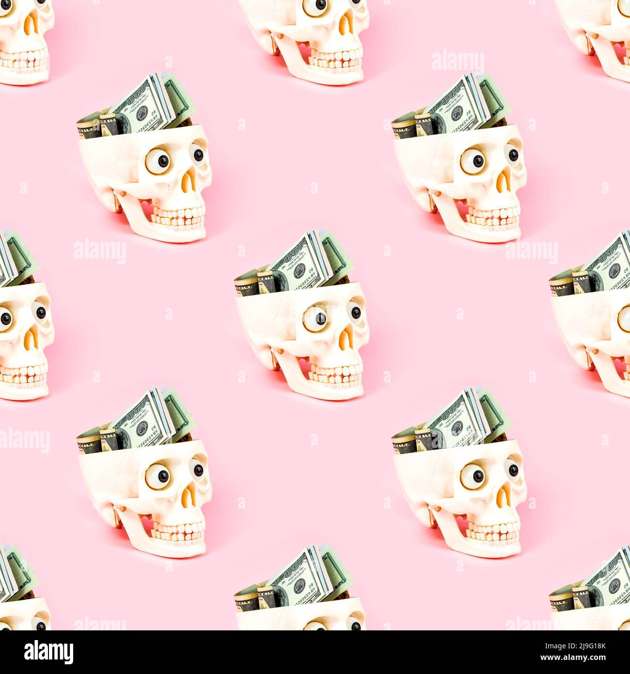 Human skull with us dollars repeat seamless pattern on light pink background. Stock Photo