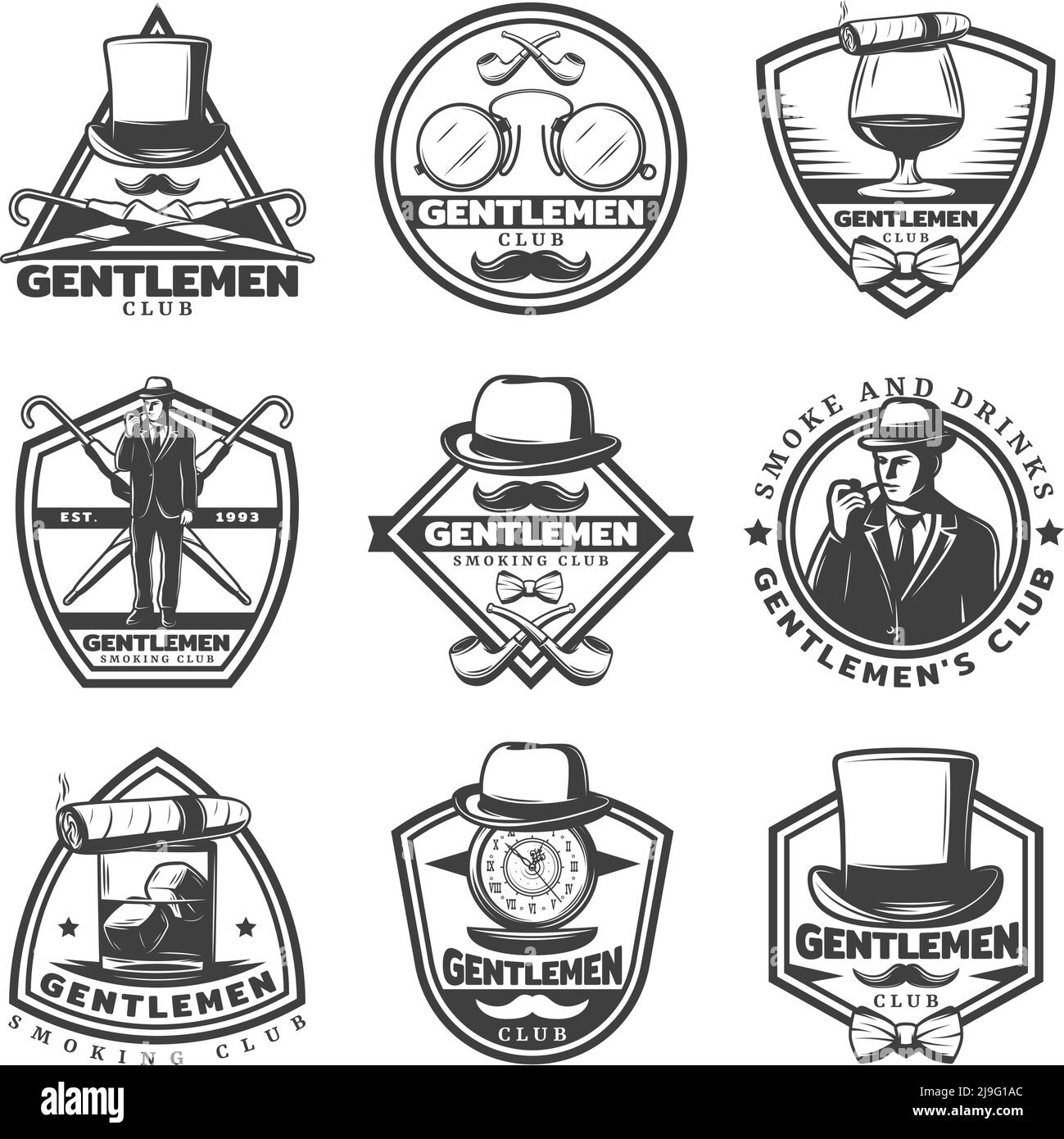 Vintage monochrome gentleman labels set with inscriptions and accessories of stylish man isolated vector illustration Stock Vector