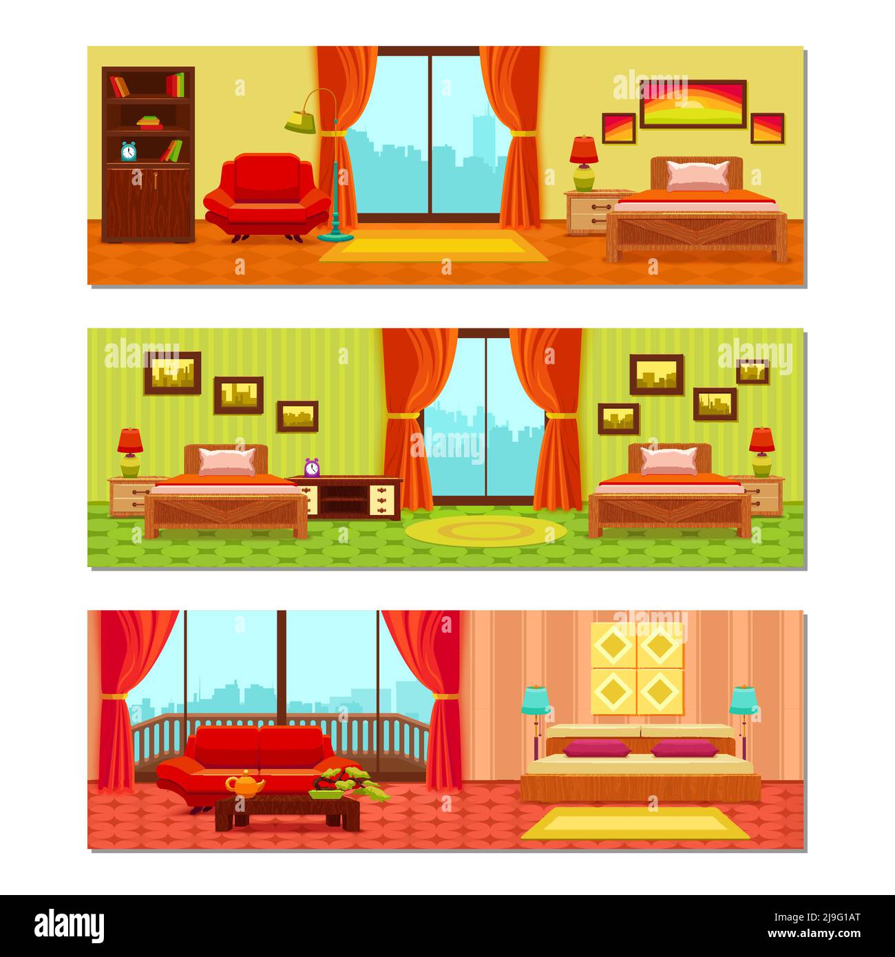 Hotel rooms compositions with beds tiled floor city scenery outside windows pictures on walls isolated vector illustration Stock Vector