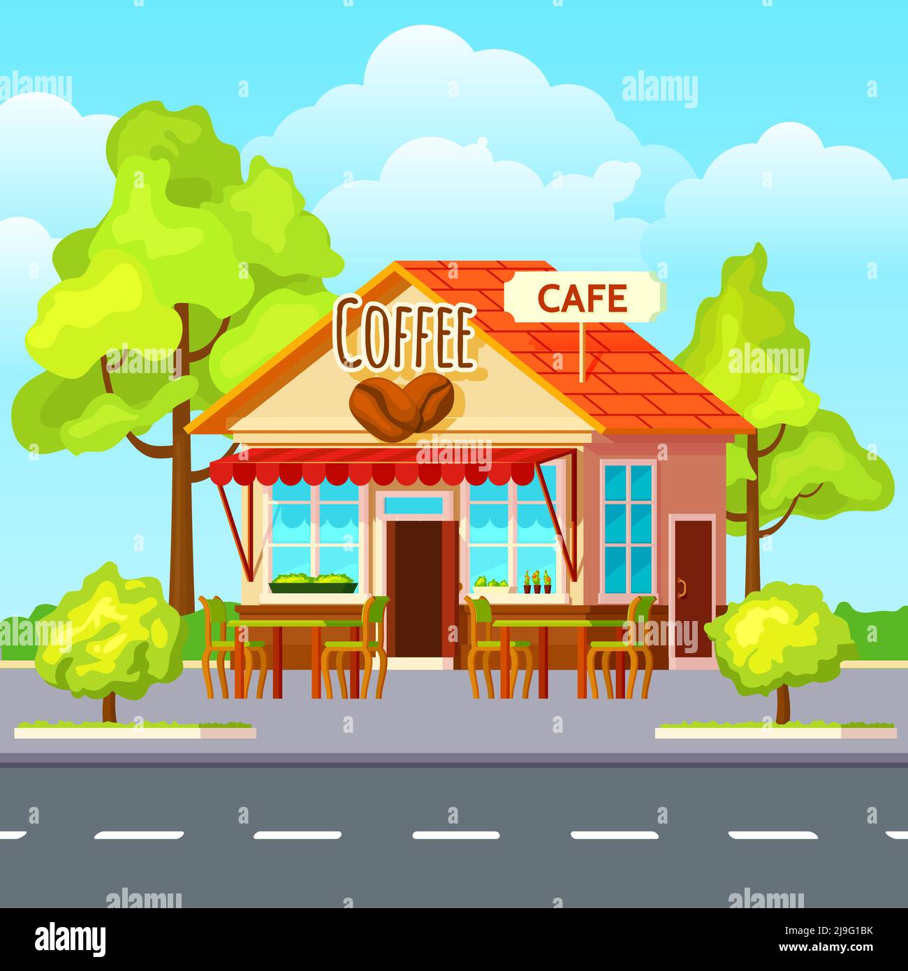 Outdoor summer street cafe composition with cartoon drawn style house seats trees and landscape flat vector illustration Stock Vector