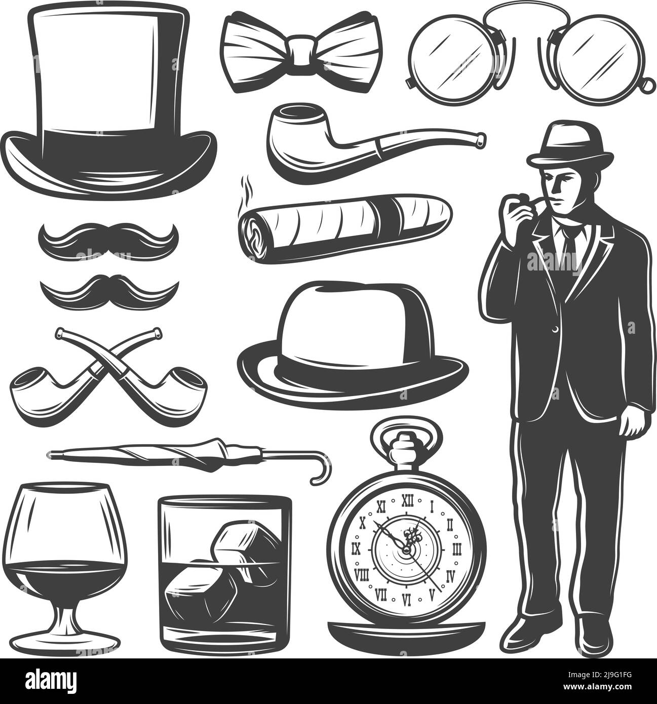 Vintage gentleman elements set with man bowler hat bow tie mustache umbrella clocks drinks glasses smoking pipe cigar isolated vector illustration Stock Vector