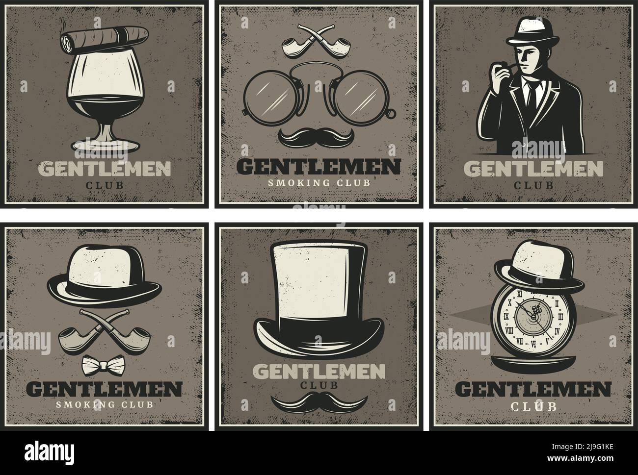 Vintage gentleman club brochures with man whiskey cigar glasses smoking pipe hats mustache clocks isolated vector illustration Stock Vector