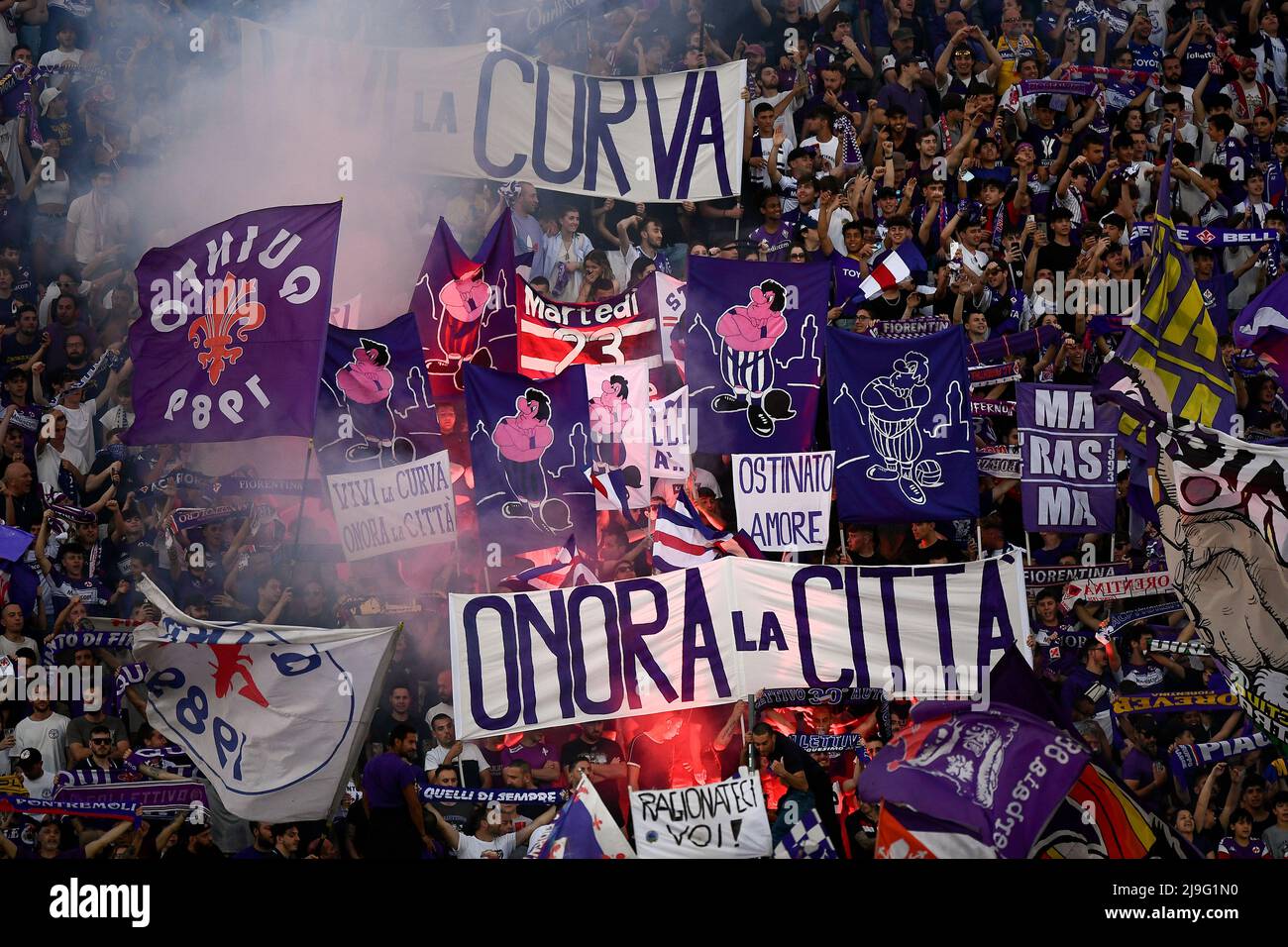 Florence, Italy. 21 May 2022. Fans of ACF Fiorentina show their support  prior to the Serie