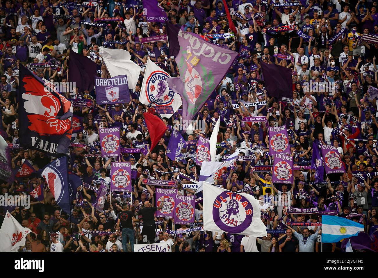 Florence, Italy. 21 May 2022. Fans of ACF Fiorentina show their support  prior to the Serie