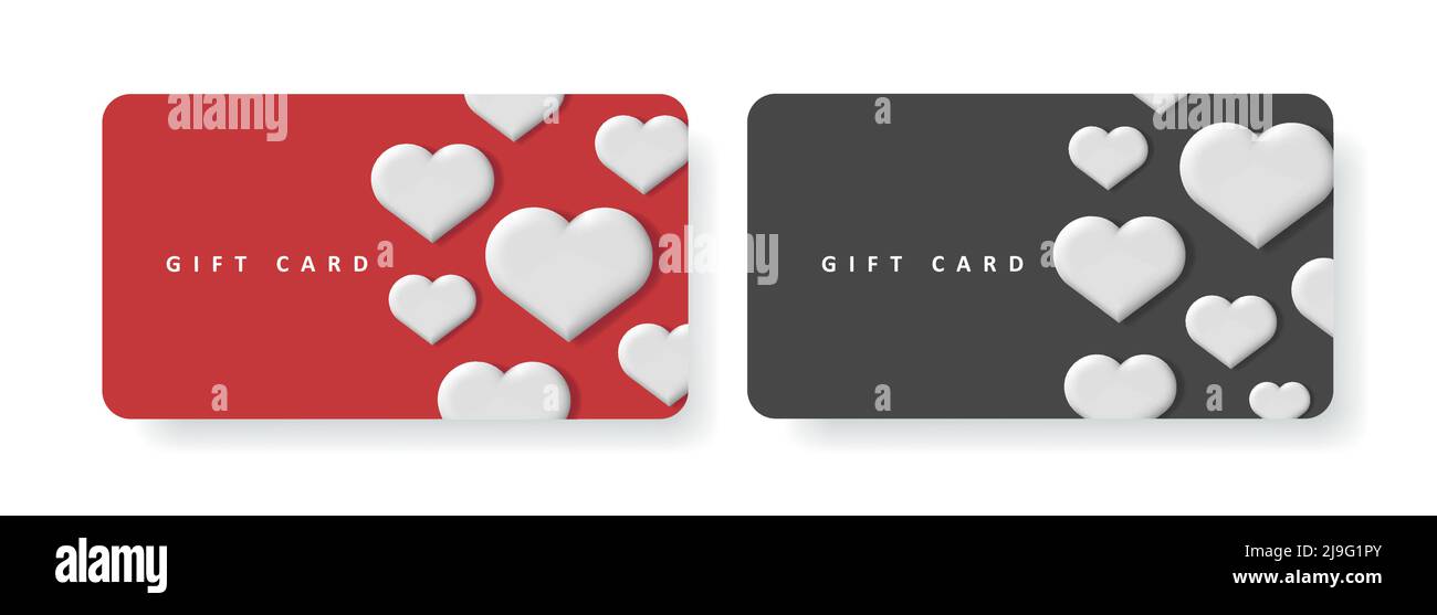 Card template with volume hearts pattern on black an re backdrop Stock Vector