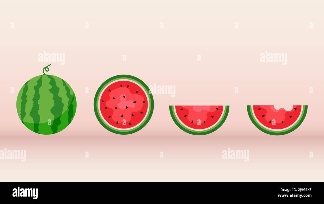Watermelon and juicy slices vector set, flat design of green leaves and ...