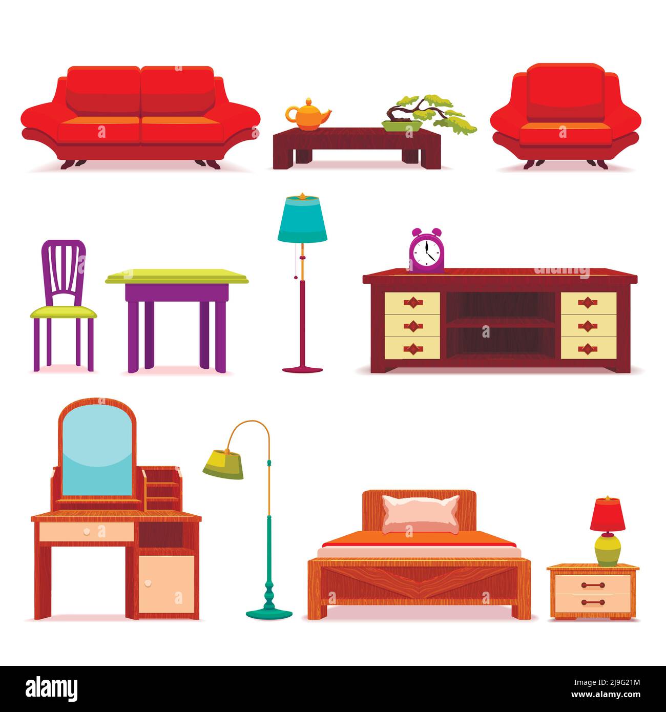 Hotel furniture set with sofa and coffee table vanity and wooden bed floor lamps isolated vector illustration Stock Vector