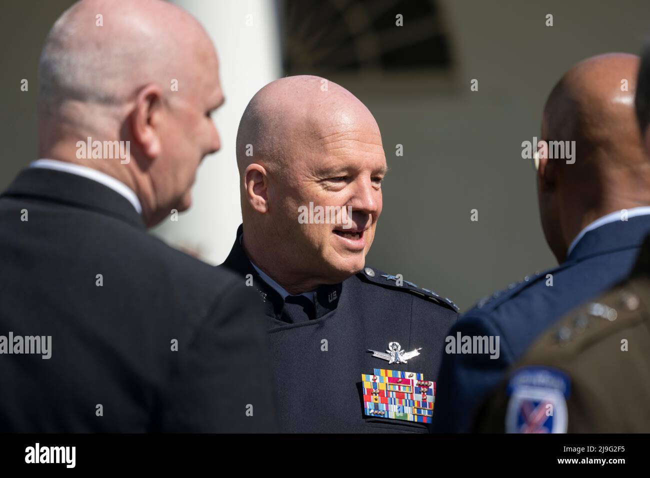 Washington, Vereinigte Staaten. 19th May, 2022. General John W. 'Jay' Raymond, Chief of Space Operations, United States Space Force speaks with other guests attending a ceremony on Sweden and Finland joining NATO, at the White House in Washington, DC, May 19, 2022. Credit: Chris Kleponis/CNP/dpa/Alamy Live News Stock Photo