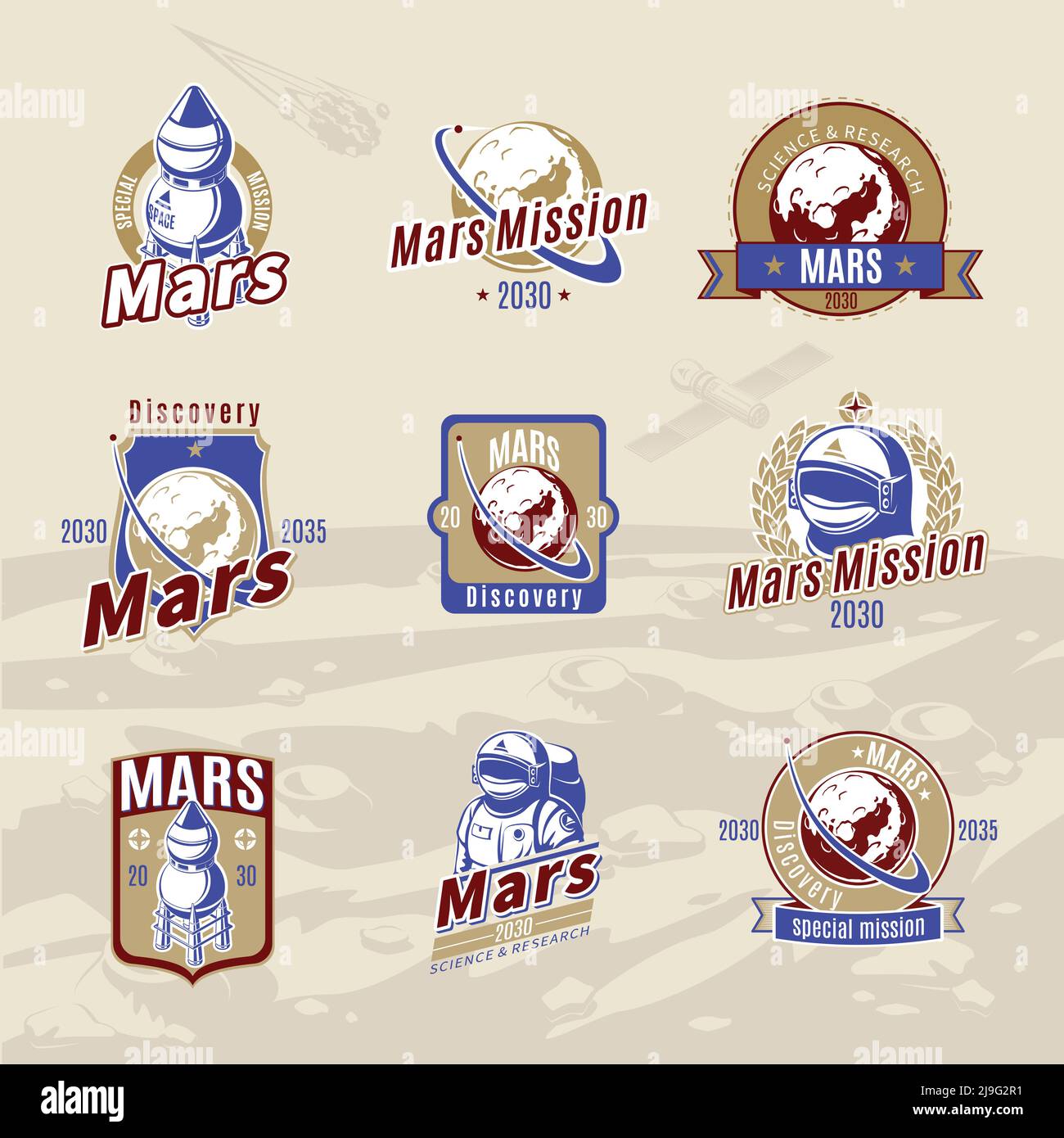 Vintage colored Mars exploration labels set with letterings rocket planet helmet and astronaut isolated vector illustration Stock Vector