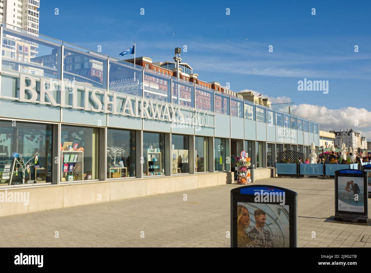Shop and cafe in the i360 viewing tower centre on the seafront promenade at Brighton, East Sussex, England Stock Photo