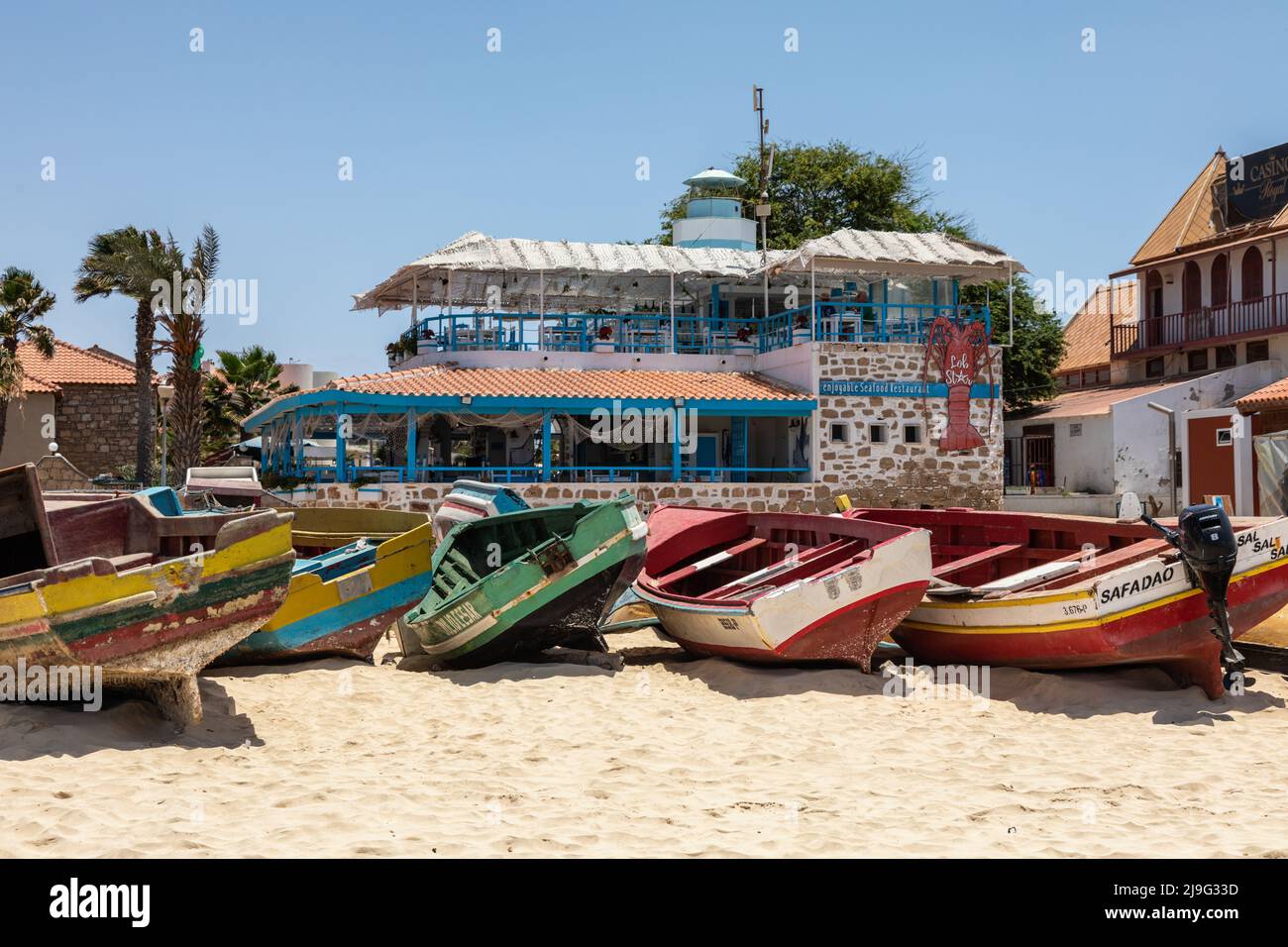 LobStar Seafood open air Restaurant and fishing boats on Santa Maria beach, Sal Island, Cape