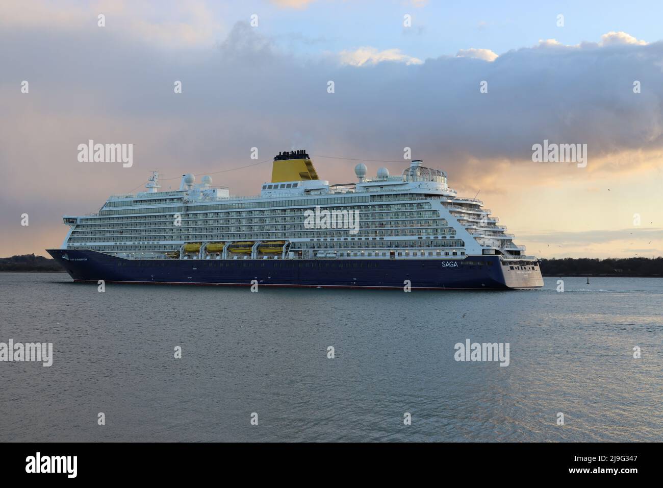 The Spirit of Discovery cruise ship 58,000 tons operated by Saga Cruises, departs Southampton Stock Photo