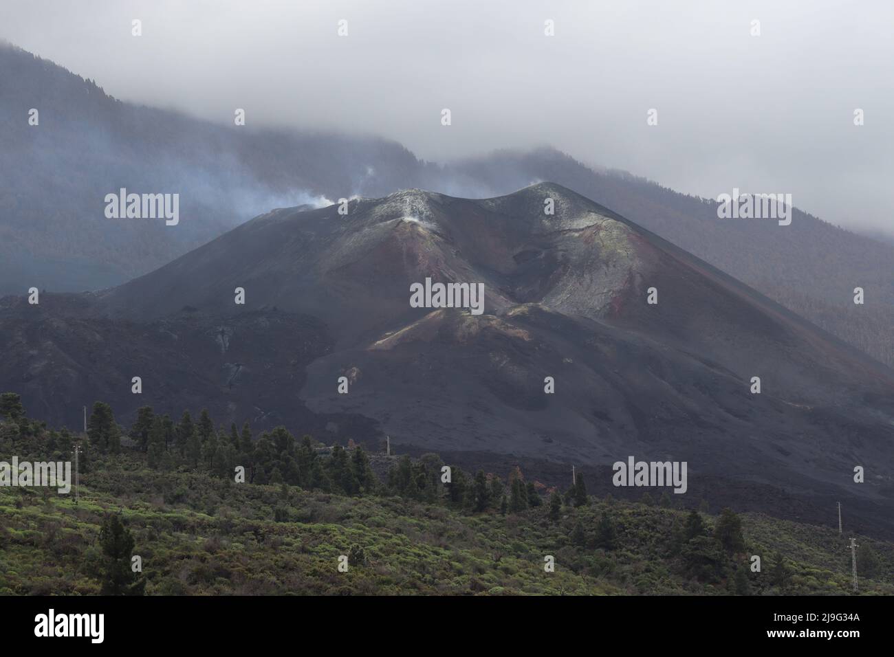 Volcano on the Cumbre Vieja Volcanic Ridge on the island of La Palma, Canary islands. Photographed 198 days after it first erupted in September 2021 Stock Photo