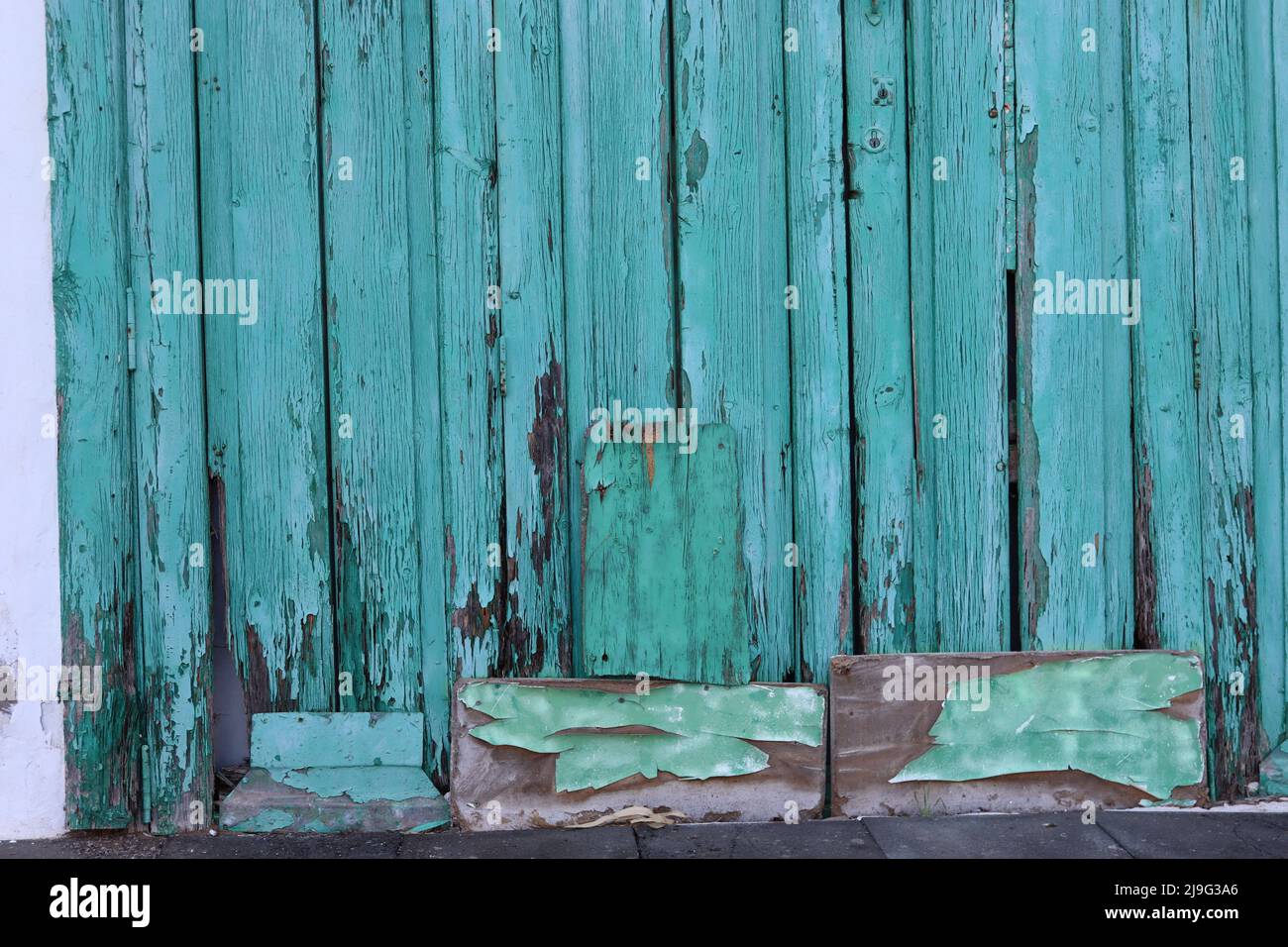 Repeatedly repaired, over painted, preserved wood grain and rustic texture, Lanzarote, Canary Islands Stock Photo
