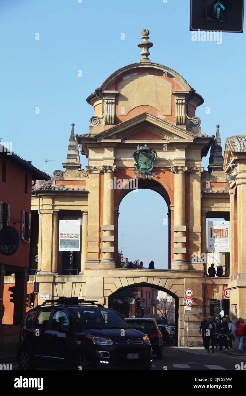 Bologna, Italy. Arco Del Meloncello, built to allow the pilgrims on the famous Portico San Luca to cross safely over Via Saragozza. Stock Photo
