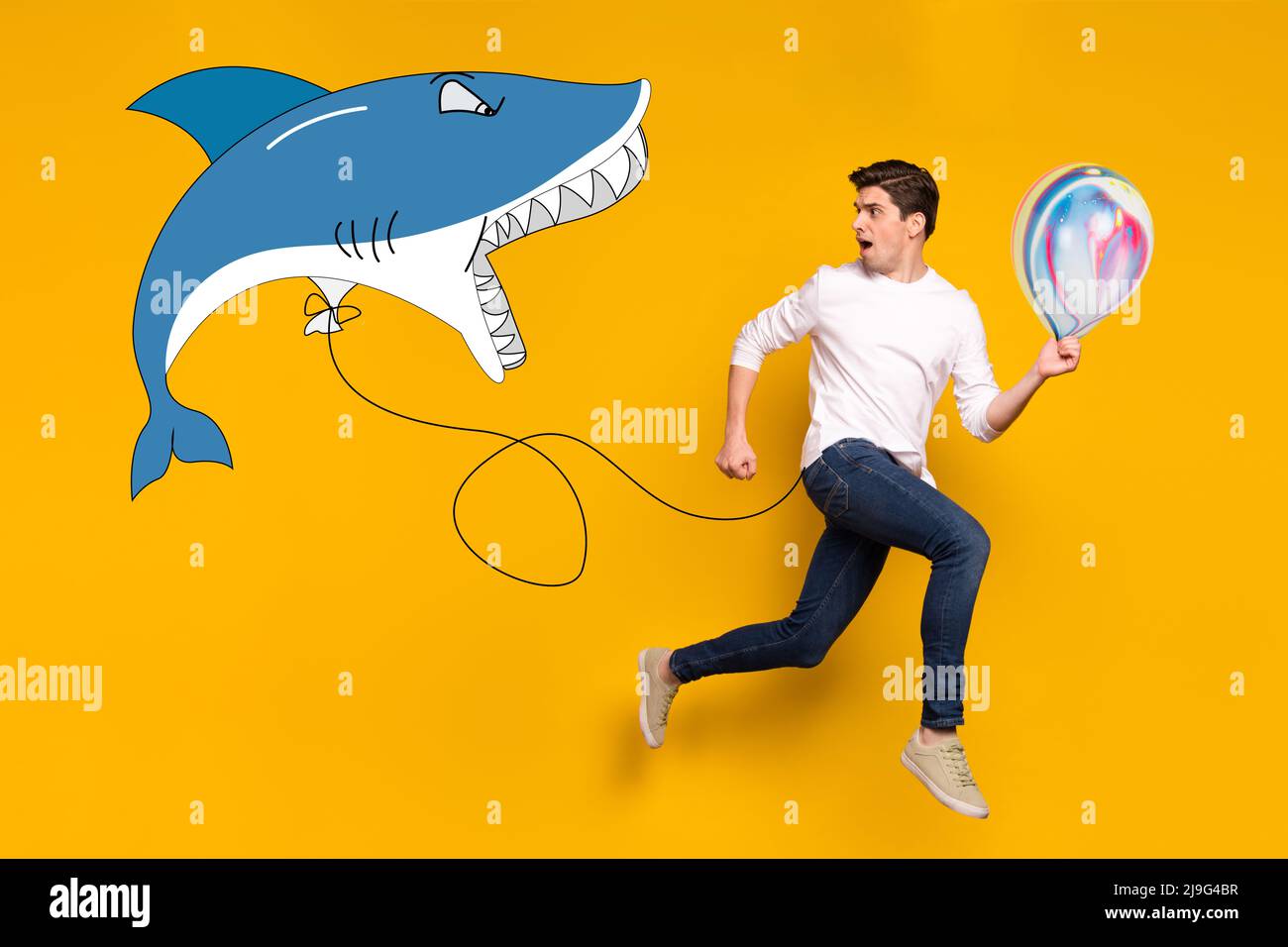 Creative cartoon sketch of huge shark fly air chase frightened man with air balloon isolated yellow color background Stock Photo