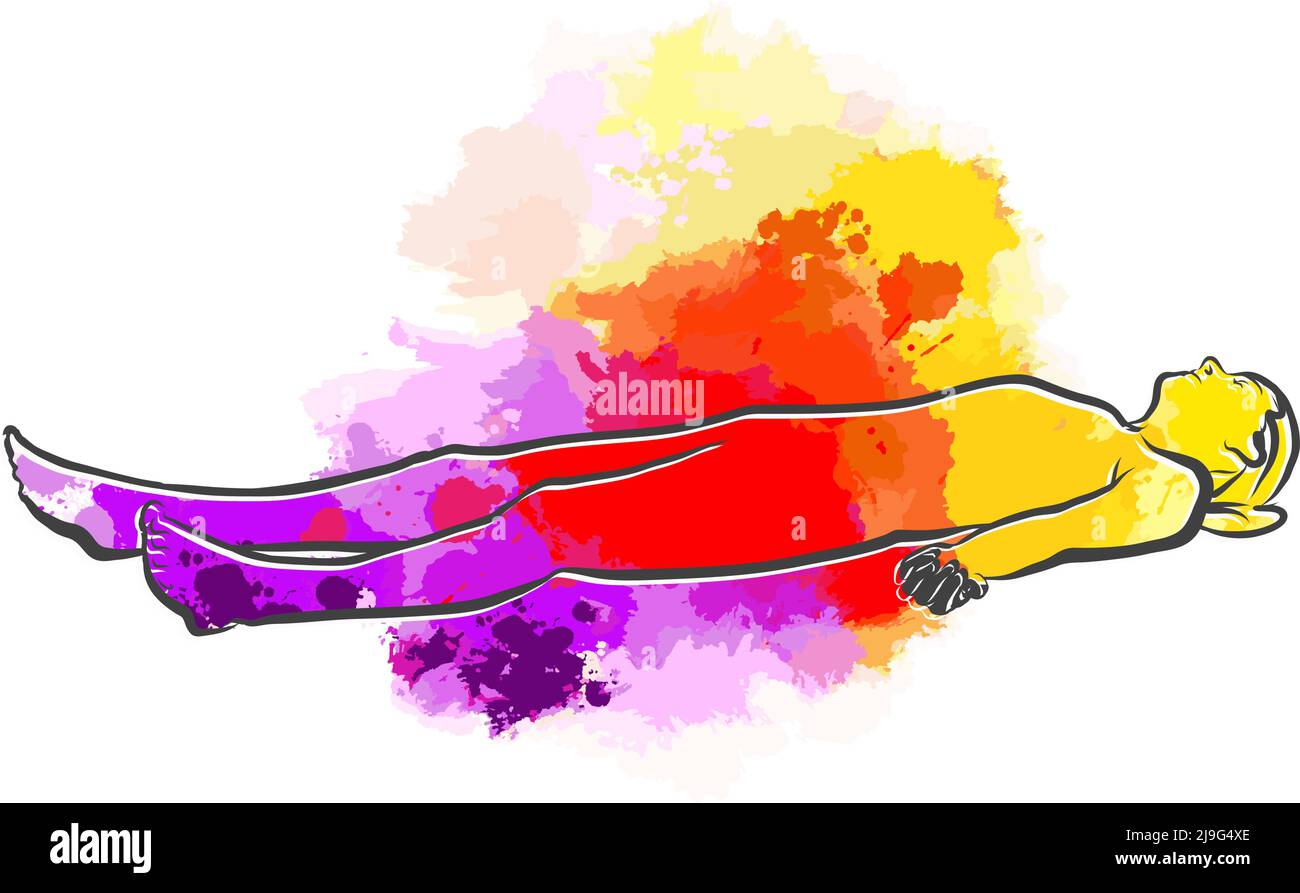 Colorful Savasana Corpse Yoga Pose. Hand drawn vector art. Centered layout for web and print purposes. Stock Vector