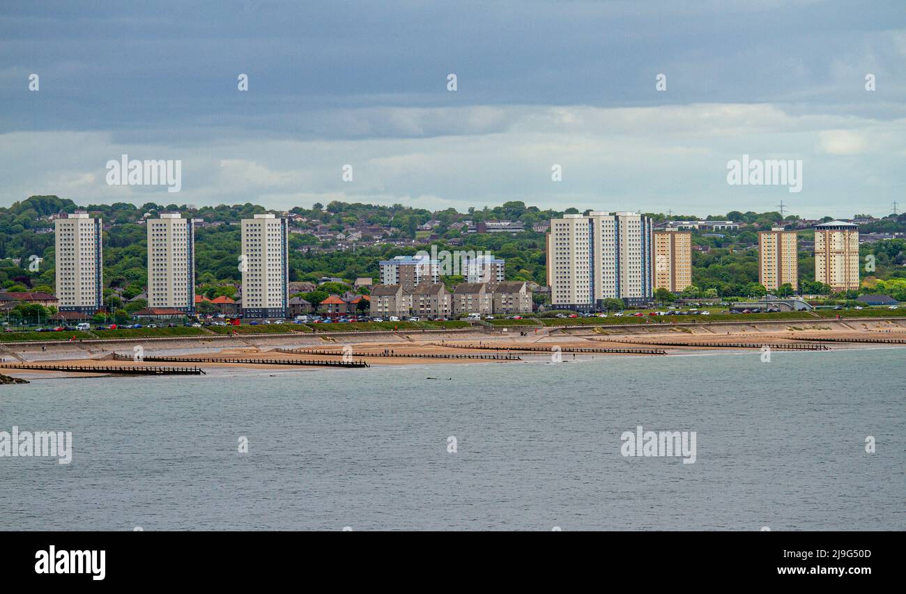 Landscape view of the beautiful golden sands of Aberdeen beach along the North Sea coastline in Scotland Stock Photo