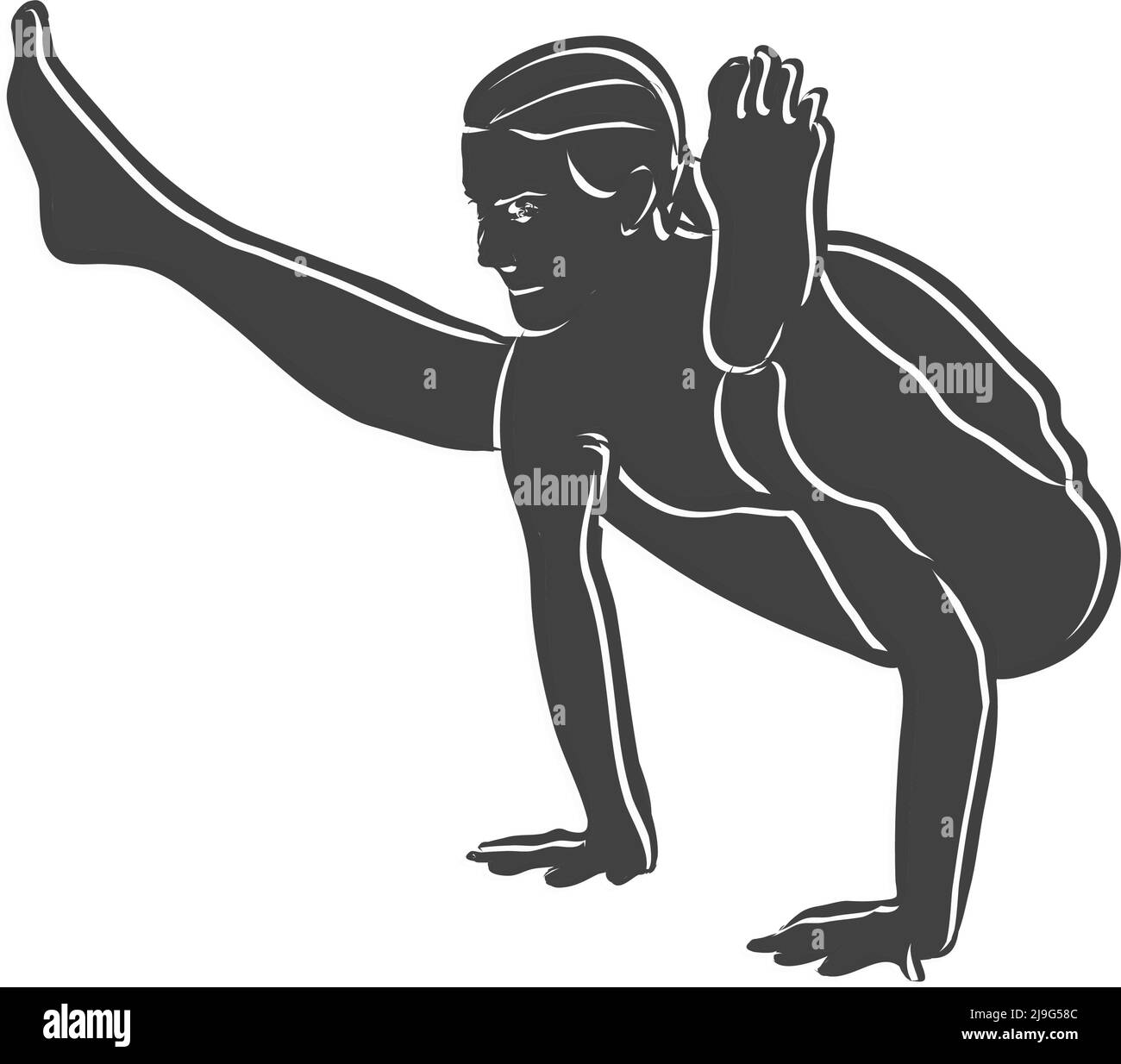 Black Tittibhasana Yoga Pose Outline Icon. Vector illustration made by hand. White lines isolated on black shape. Stock Vector