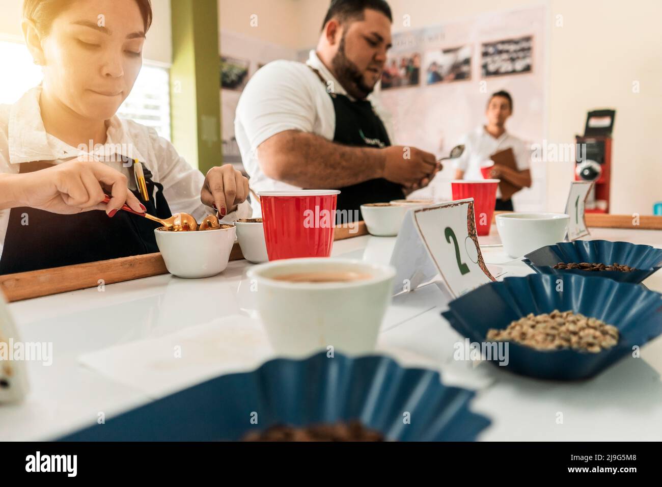 Coffee evaluation round by professional tasters. Exam qualification of