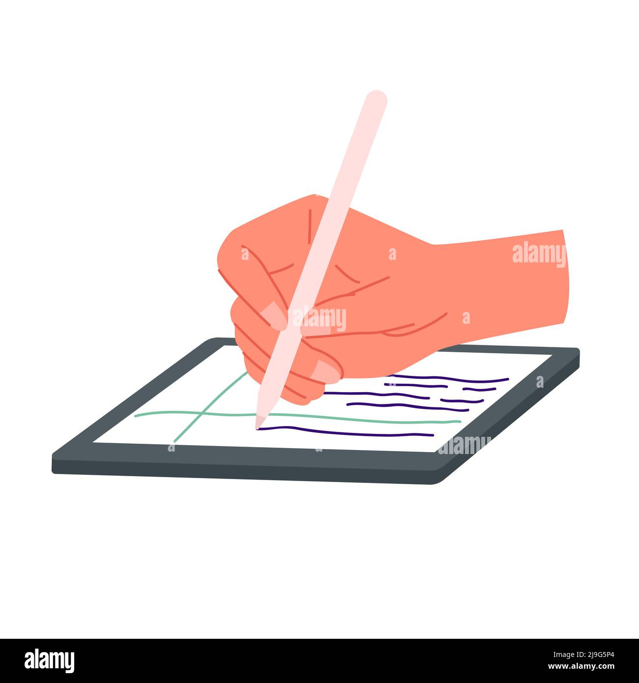 Human hand holding stylus, sketching plan, top view, person working on ...