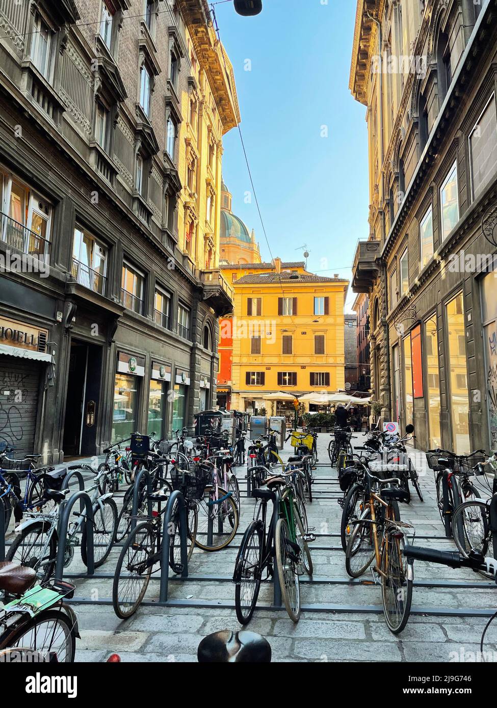 Bologna, Italy. Bicycles parked on one of the streets in the historical center. Stock Photo