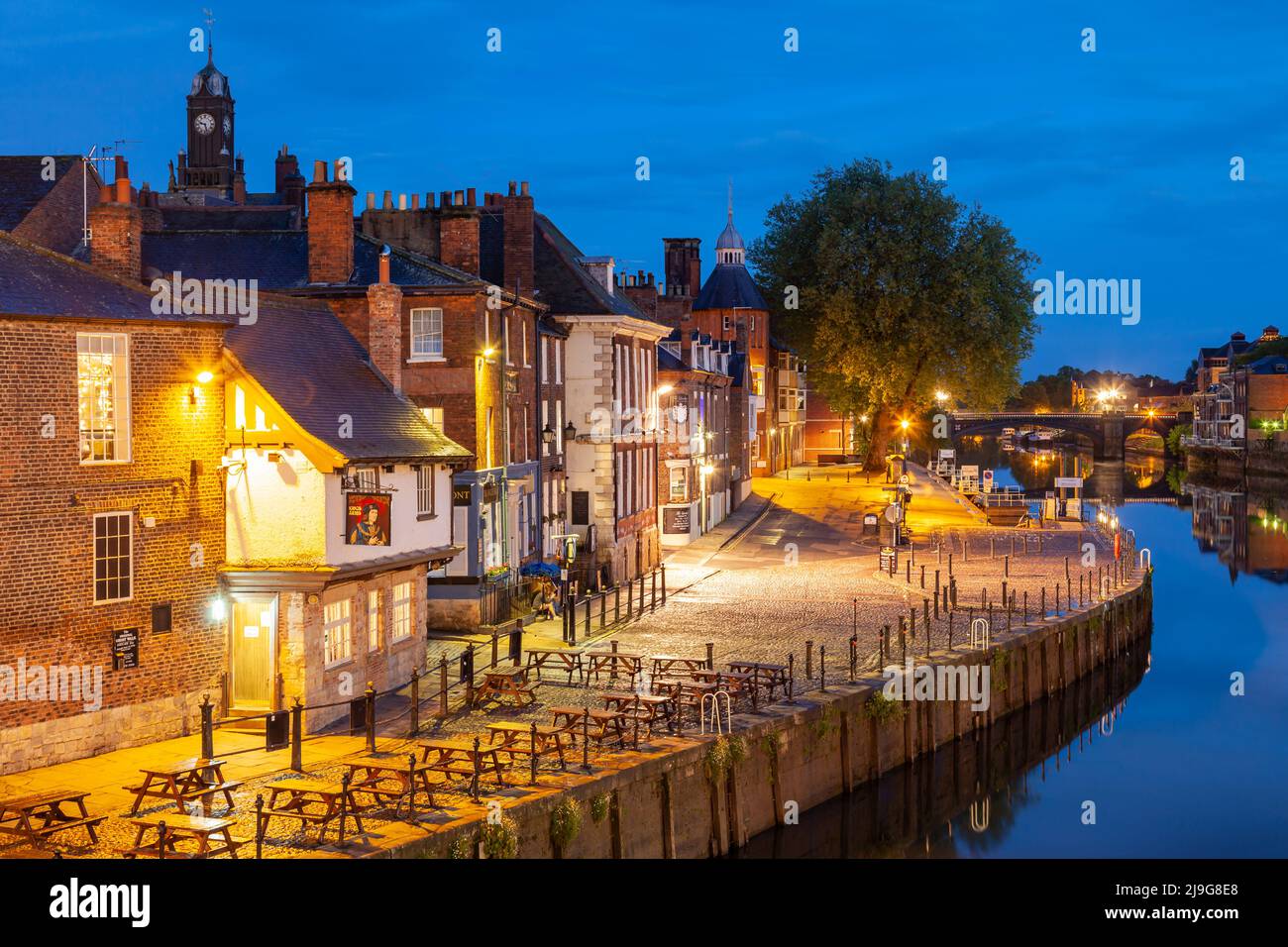 Night falls on the riverside in York, North Yorkshire, England Stock ...