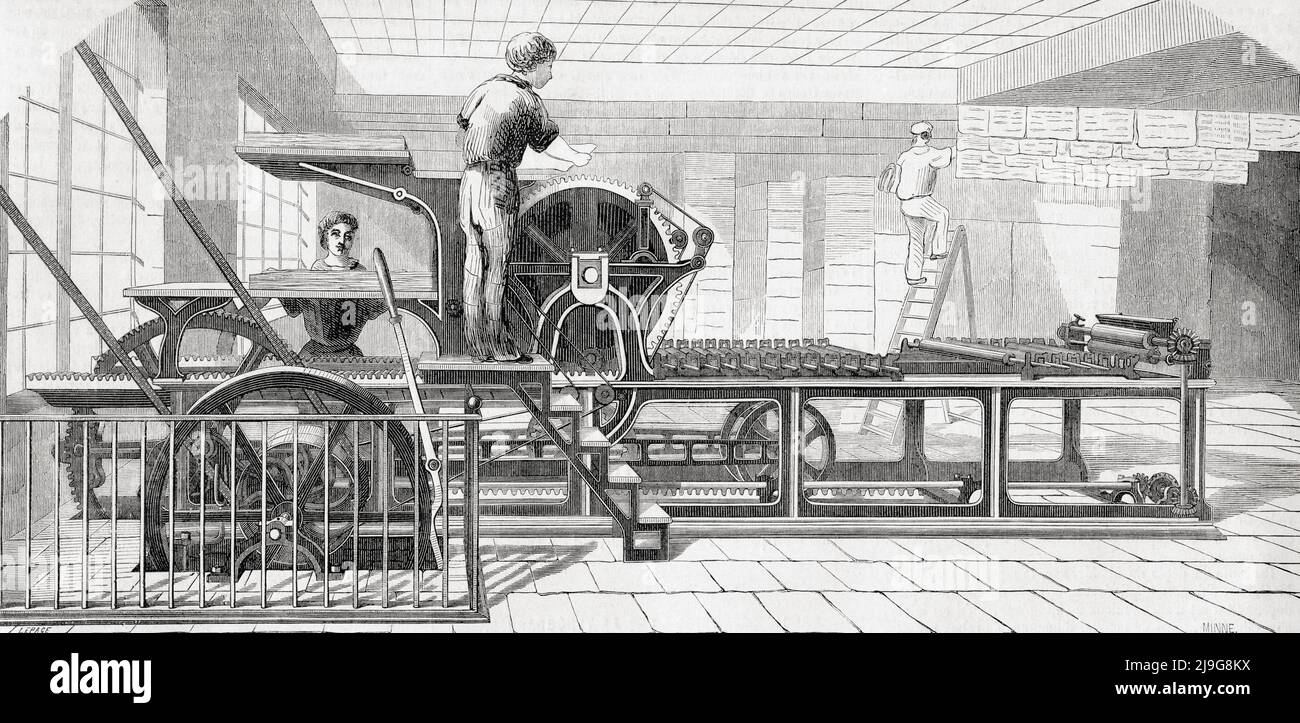 A Marinoni rotary printing press for thumbnail prints and colour prints.  Hippolyte Auguste Marinoni, 1823 -1904.  From L'Univers Illustre, published Paris, 1859 Stock Photo