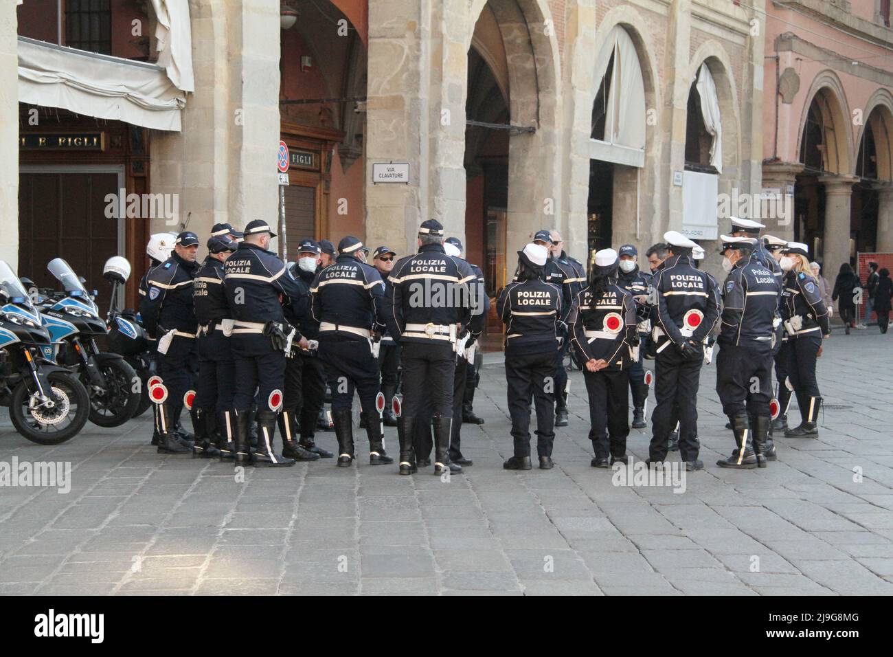 Bologna, Italy. Large group of Carabinieri in Piazza Maggiore. Stock Photo