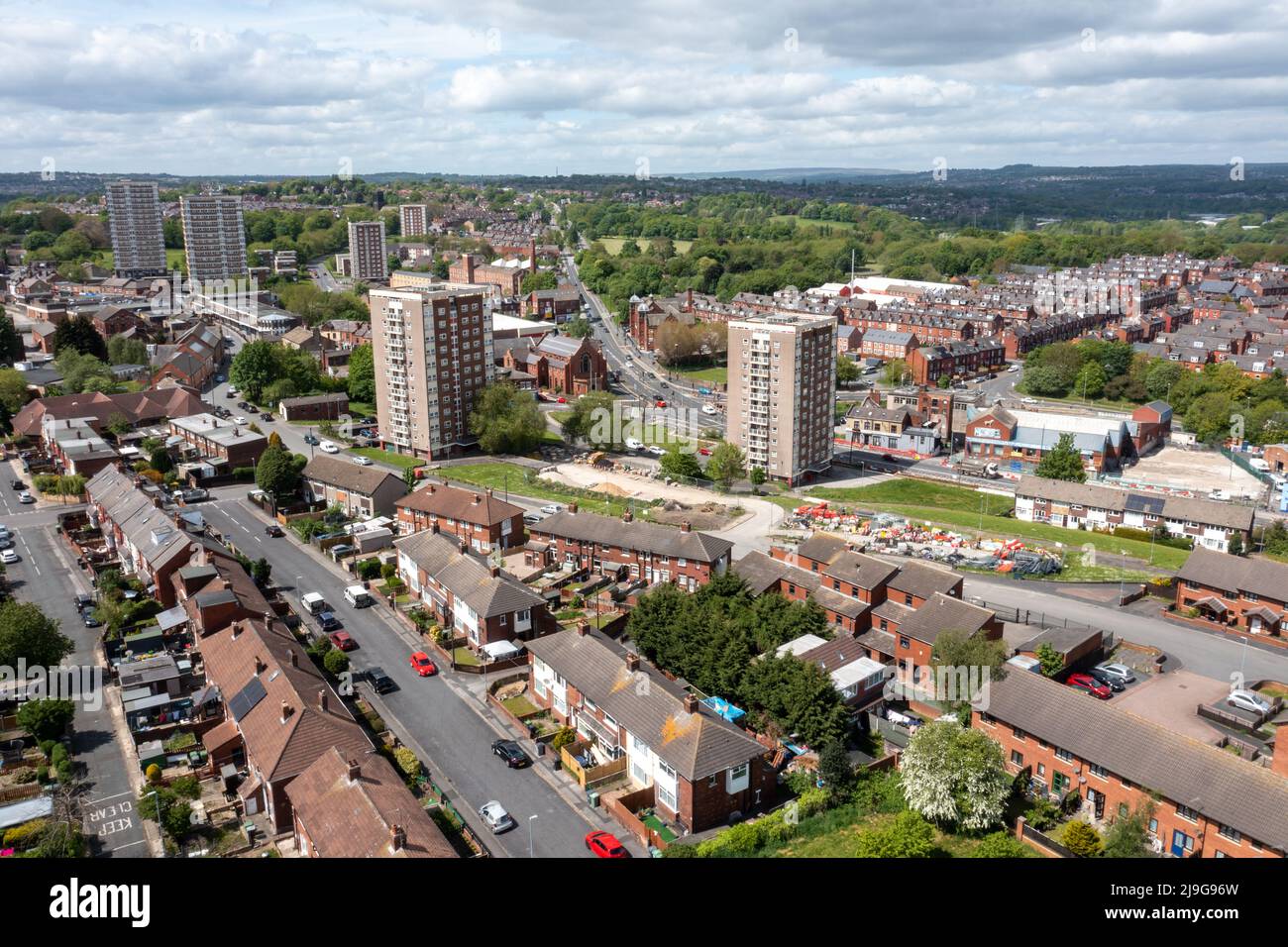 Aerial photo of the town centre of Armley in Leeds West Yorkshire on a