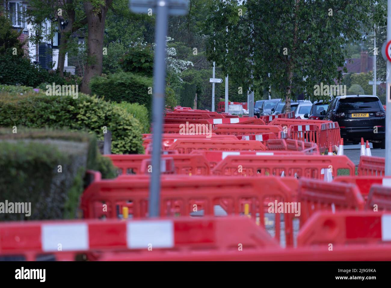 Line of  pavement barriers blocking access Stock Photo