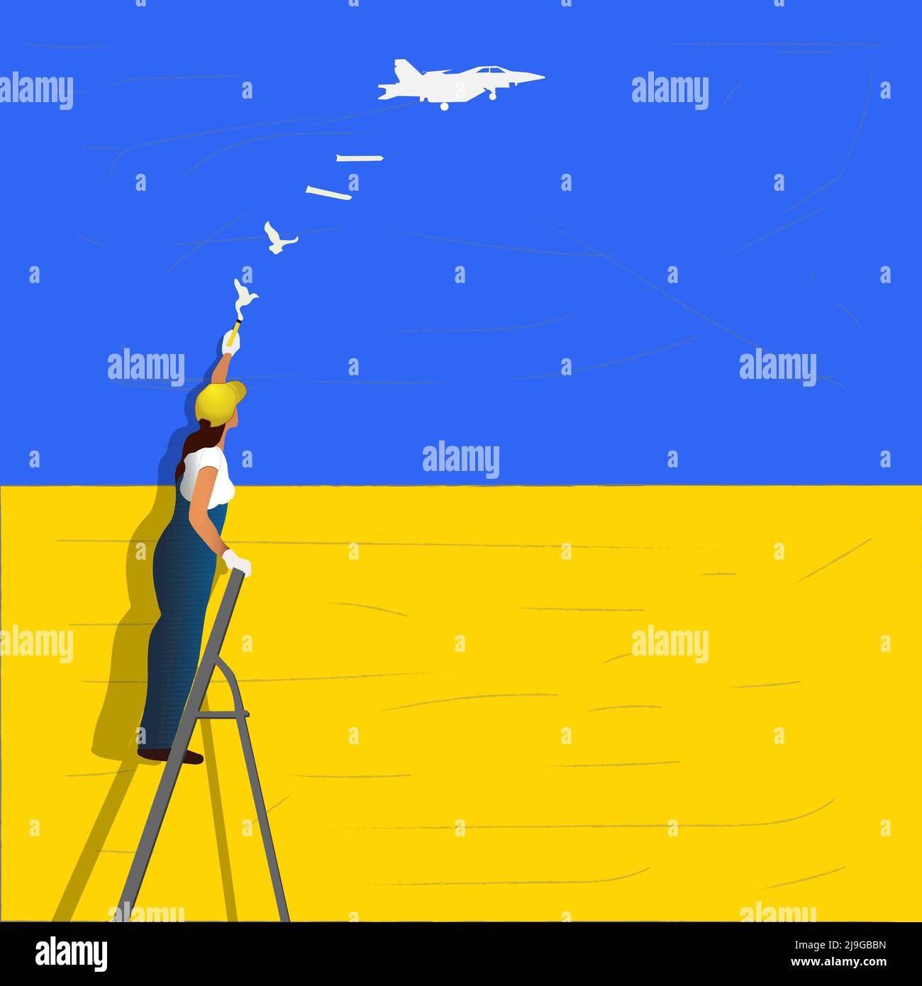 a girl in a blue overalls and a yellow cap stands on the stairs and draws bombs turning into birds on the wall . vector. illustration. Stock Vector