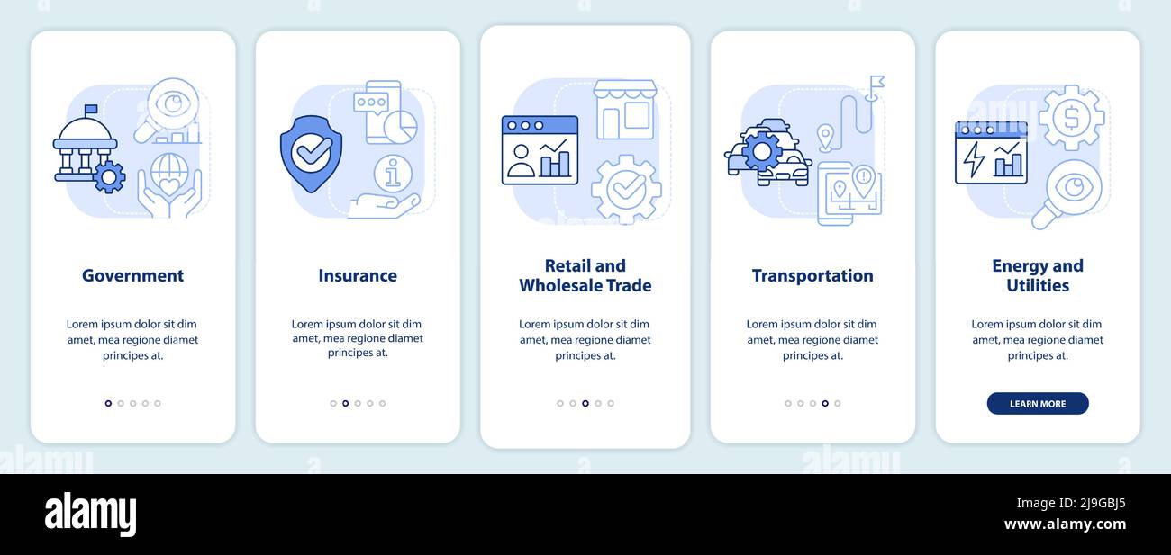 Big data applications types light blue onboarding mobile app screen Stock Vector