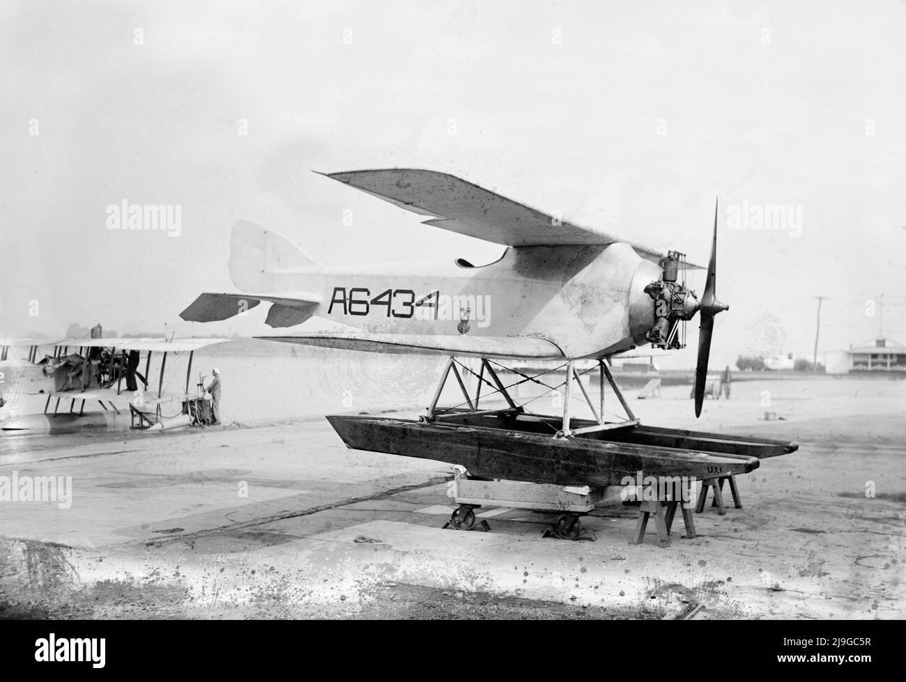 A vintage photo circa 1922 of a Caspar U.1 airplane designed by Ernst Heinkel and built by Caspar-Werke the U.1 was designed to be stored in a cylindrical container on board a submarine and used for naval reconnaissance Stock Photo