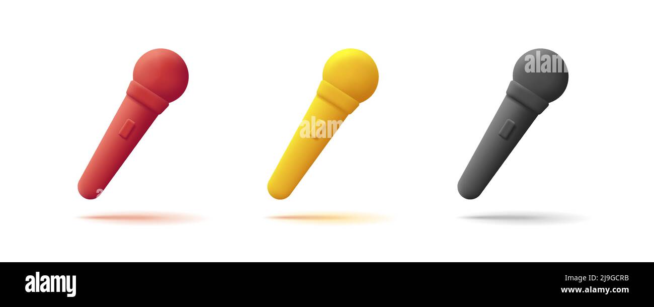 Set of microphone 3d icons, mono chrome render style illustration Stock Vector