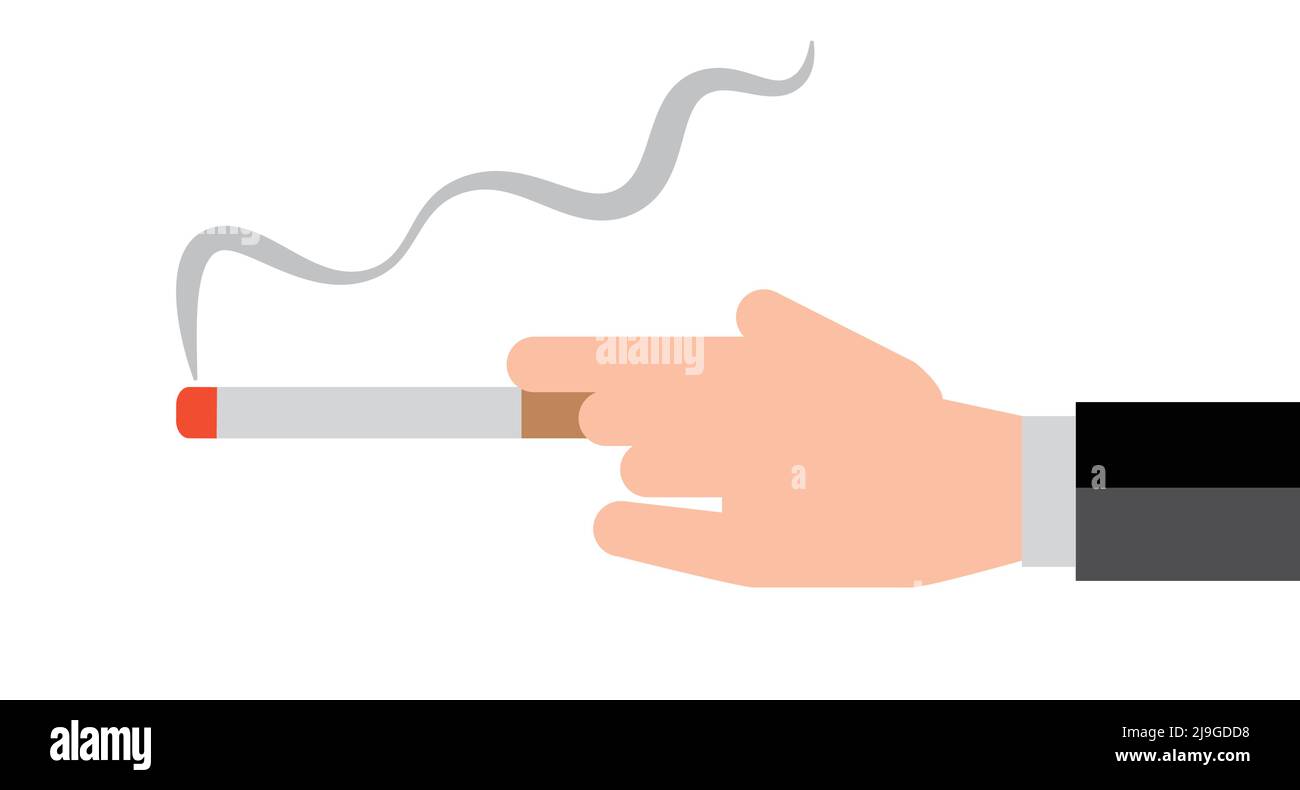 The hand of a business man smoking a cigarette. Smoke is coming out of a lit cigarette. Editable vector. Stock Vector
