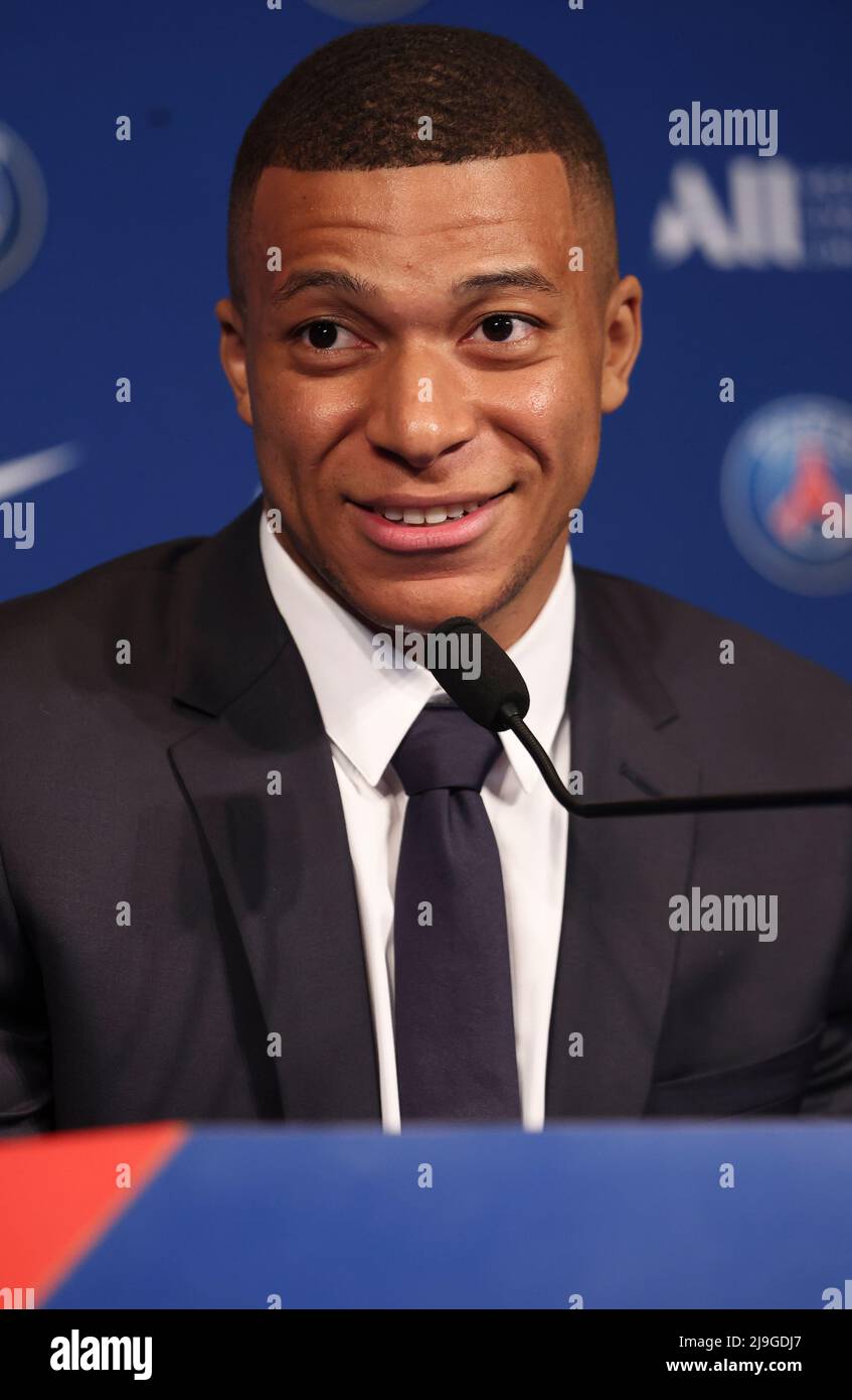 Paris France 23 05 22 Kylian Mbappe Of Psg During A Press Conference Following The Renewal Of His Contract At Paris Saint Germain Until 25 On May 23 22 At Parc Des Princes Stadium In