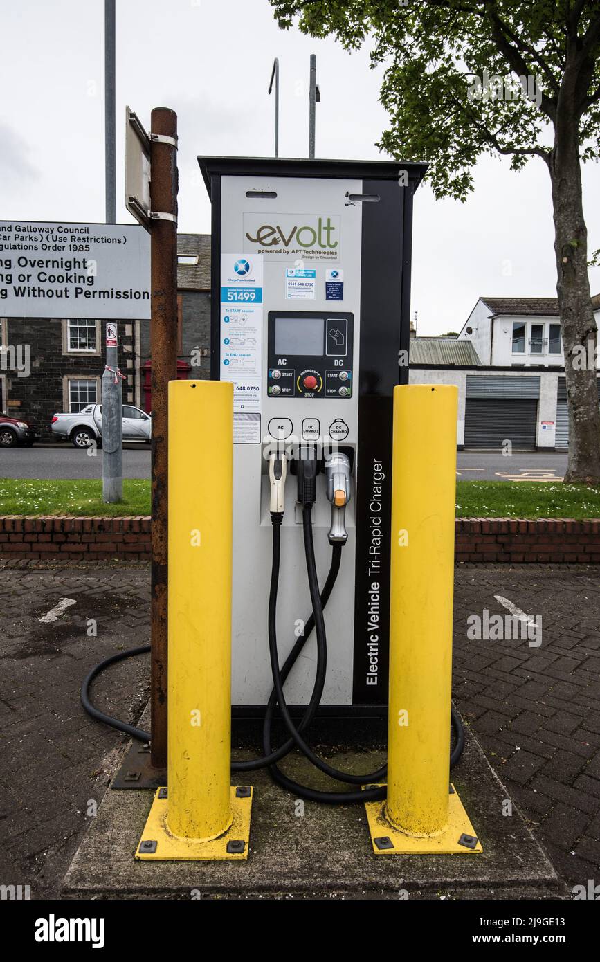 Electric vehicle charging point in a Stranraer car park near the old