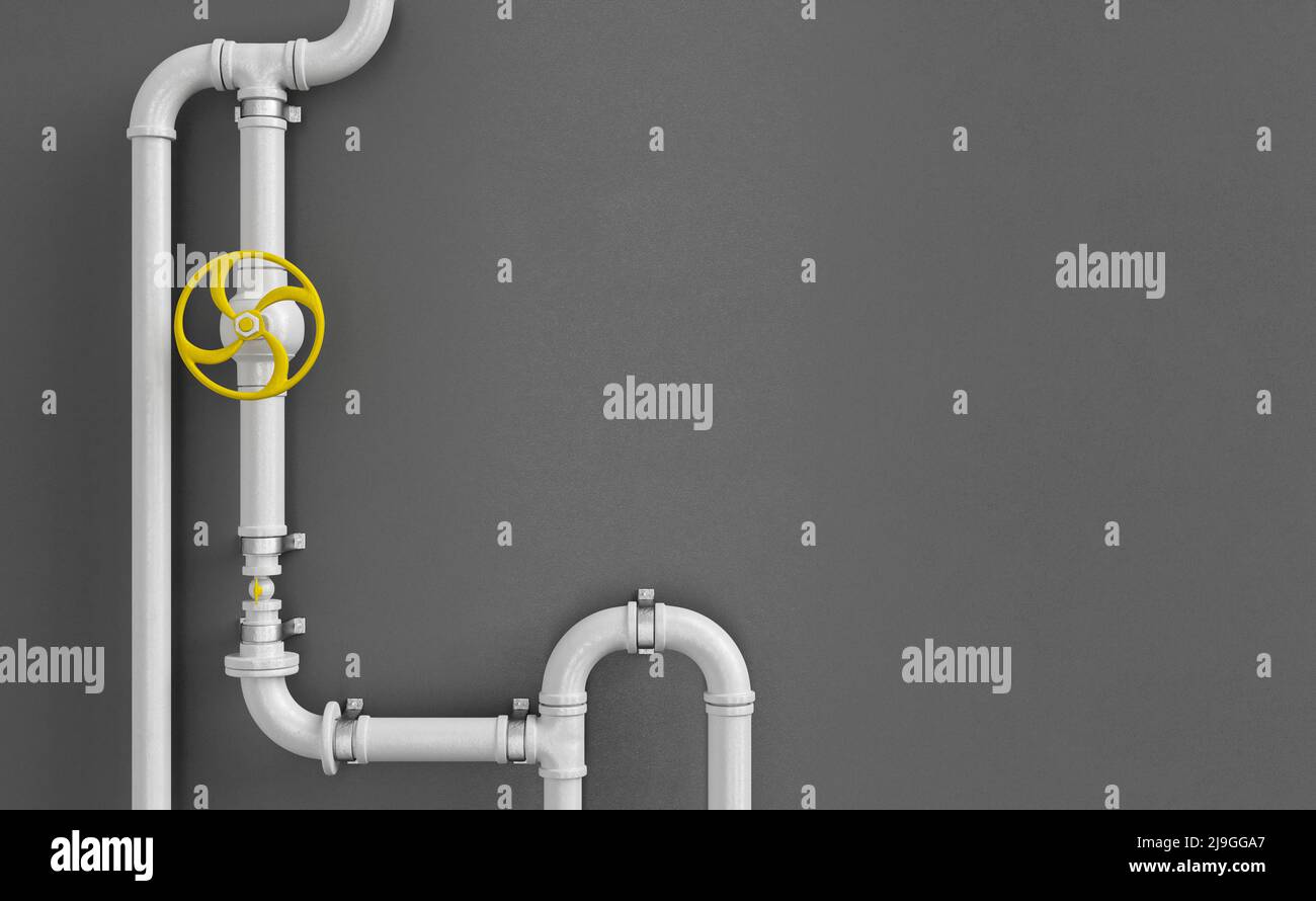 3D illustration of plastic pipes with yellow valve distributing crude