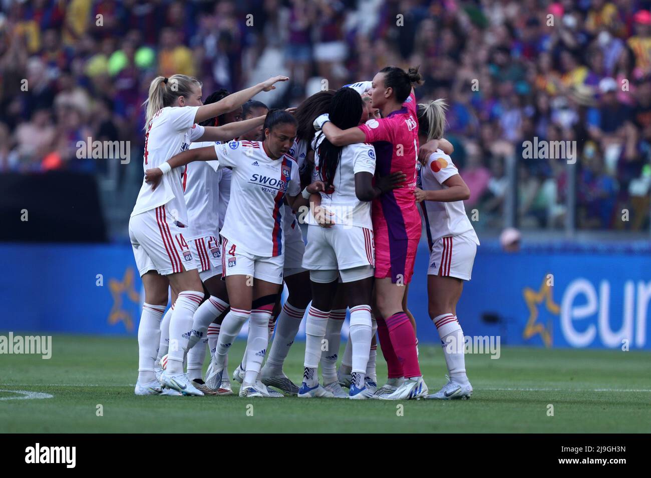 Amandine Henry of Olympique Lyon  celebrates after scoring her team's first goal with team mates during the UEFA Women's Champions League final match between Fc Barcelona  and Olympique Lyon at Allianz Stadium on May 21, 2022 in Turin, Italy . Stock Photo