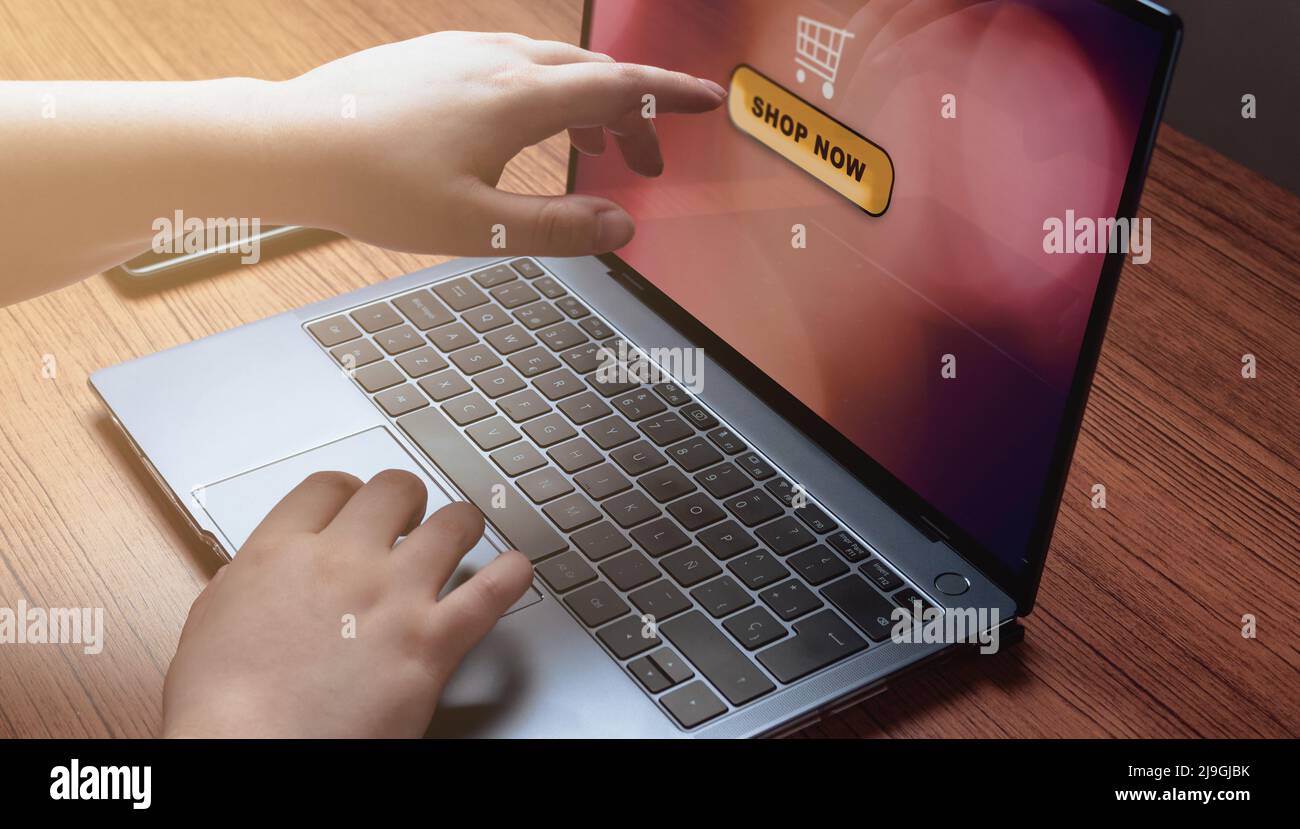 Woman use laptop for online shopping. Online banking and digital marketing. Shopping online store concept. Stock Photo