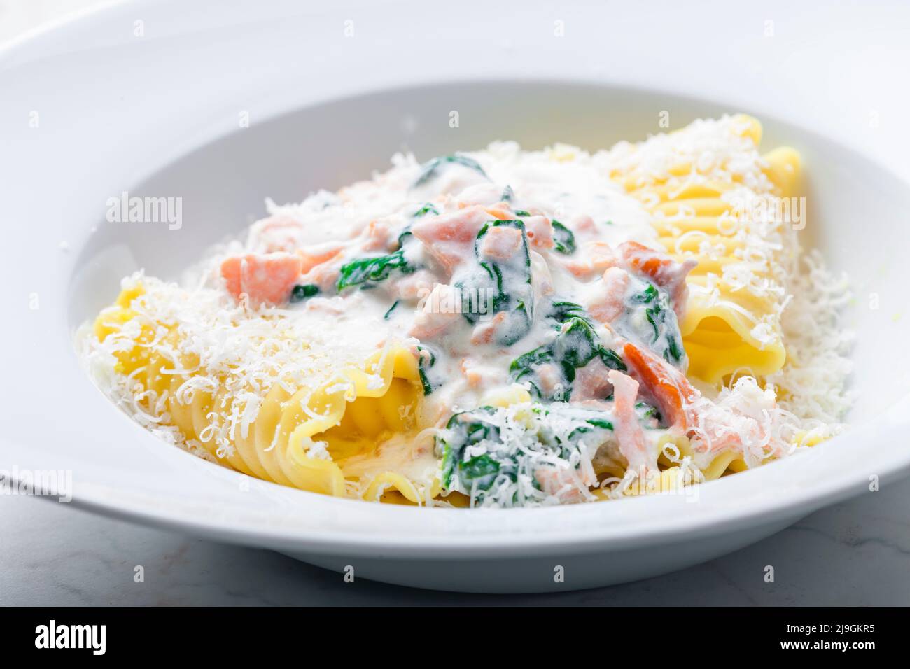 Gourmet pasta with a rich creamy salmon and spinach sauce on a white plate.