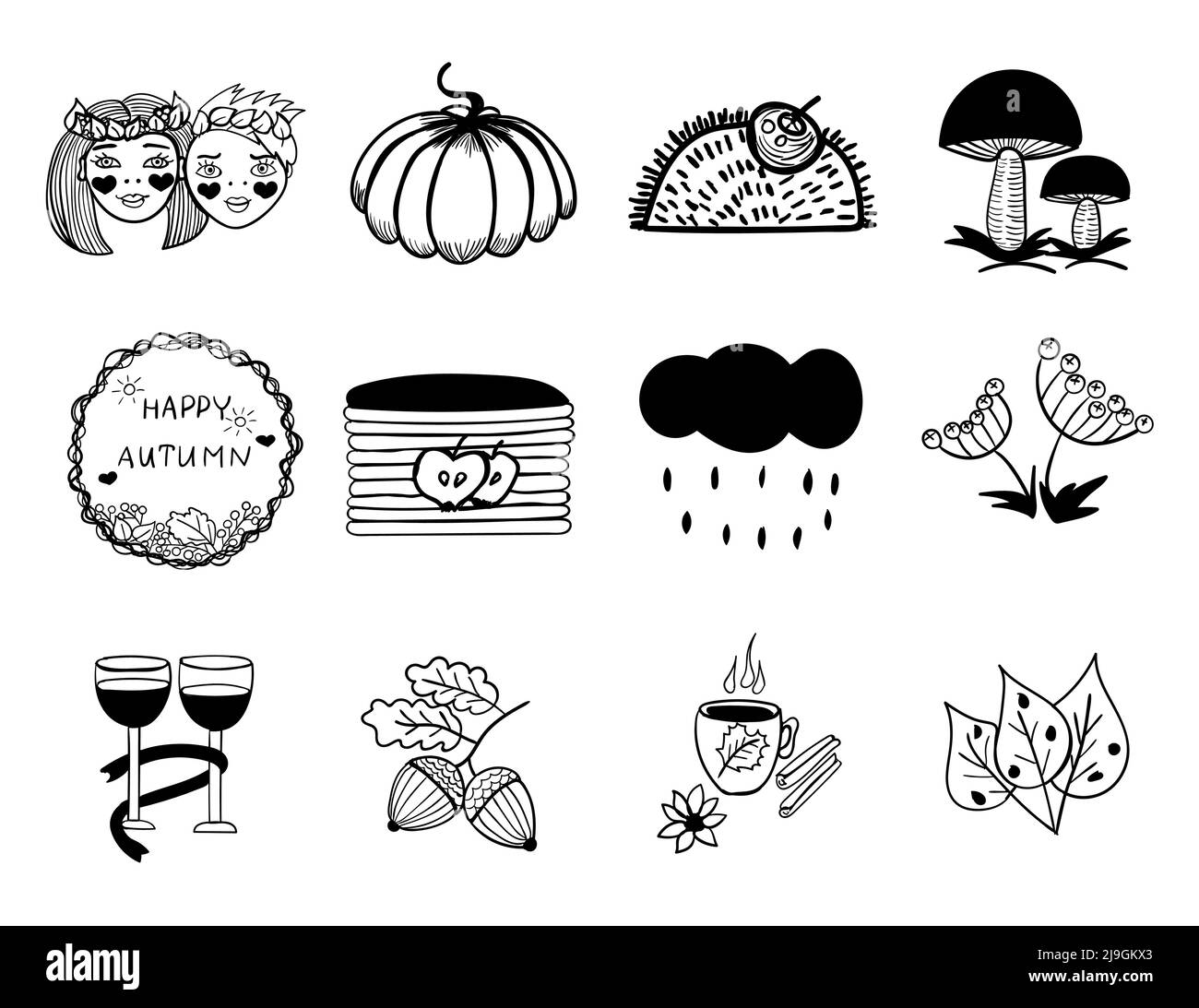 Fall time, vector icons in black color Stock Vector