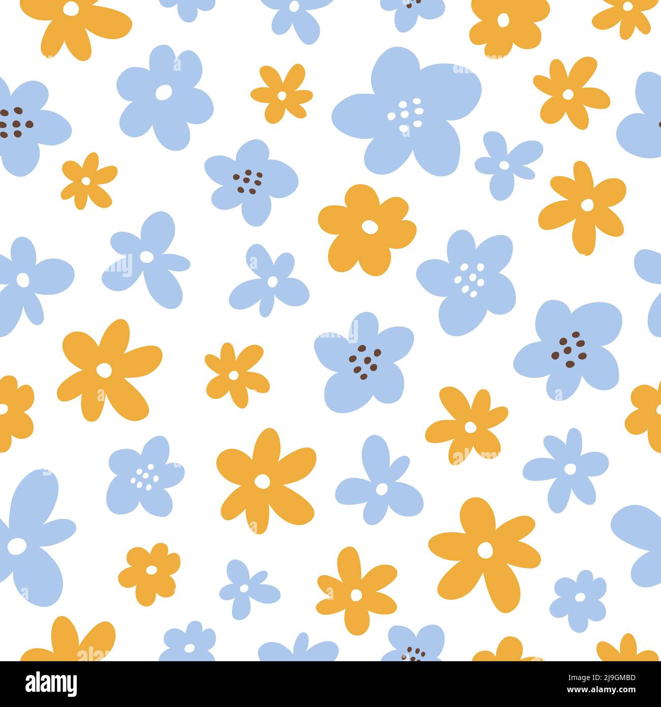 Cute seamless pattern with yellow and blue flowers. Vector illustration