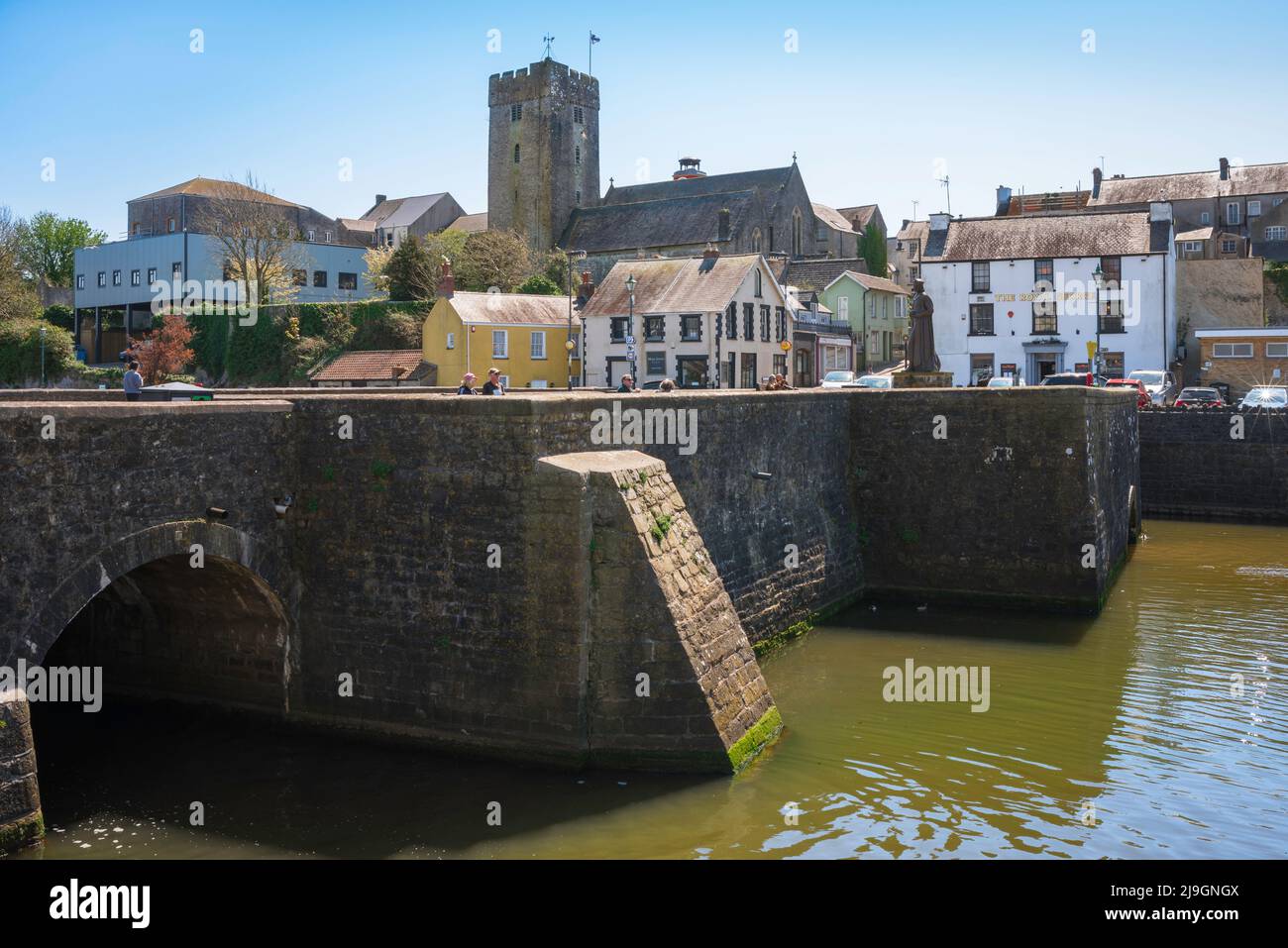 Pembroke Wales, view in summer of the historic Mill Bridge in Northgate Street in the centre of Pembroke, Pembrokeshire, Wales, UK Stock Photo