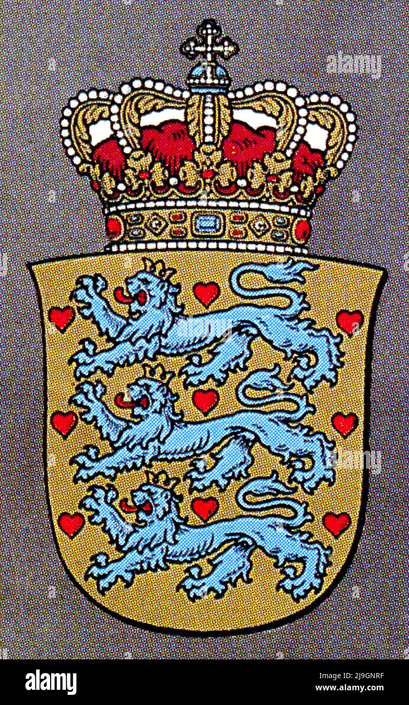 Les armoiries du Danemark adoptent deux formes  petites armoiries d'état et grandes armoiries royales . Les premières ont été fixées dans cette appare Stock Photo