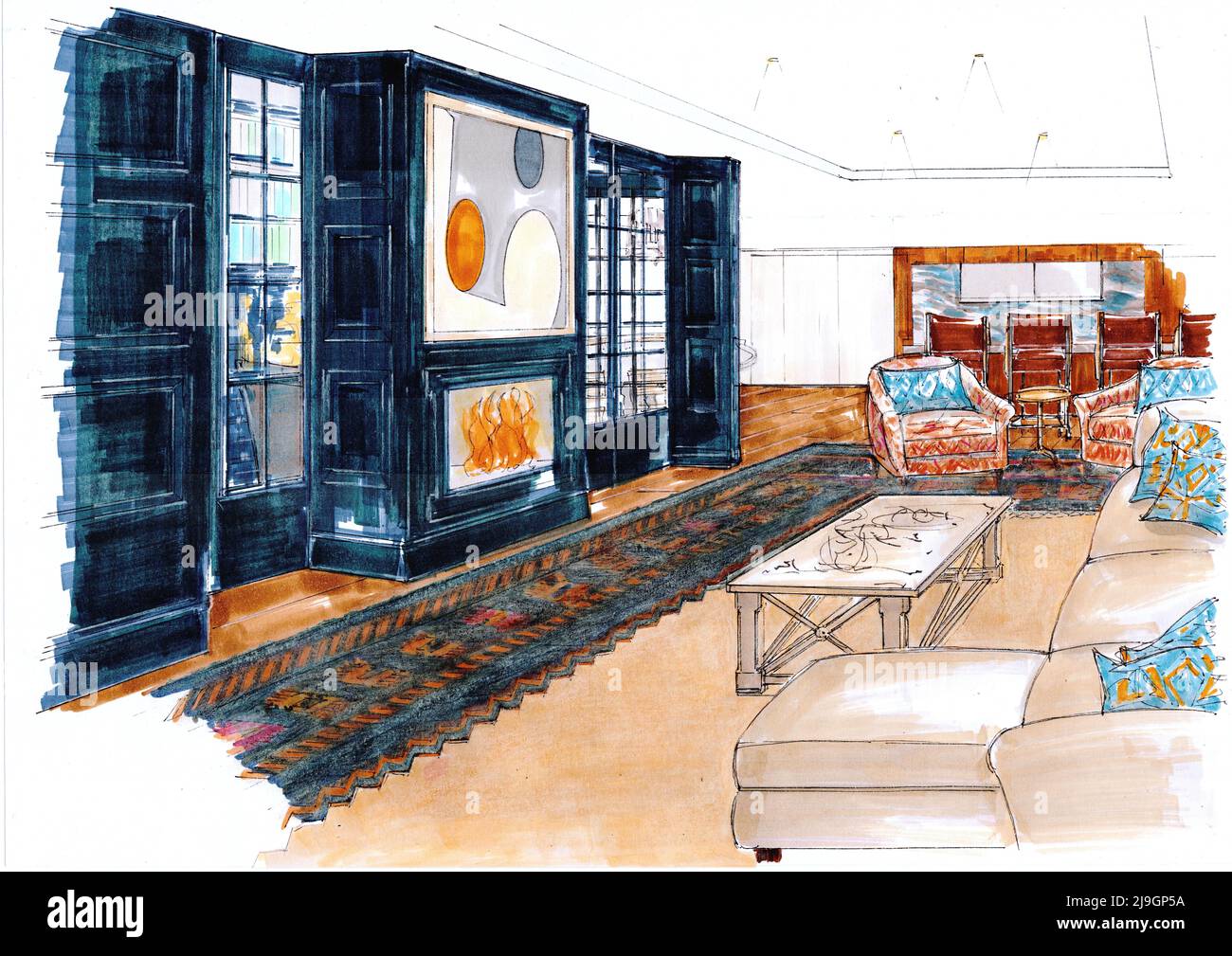 Colour illustration of a contemporary lounge interior Stock Photo - Alamy