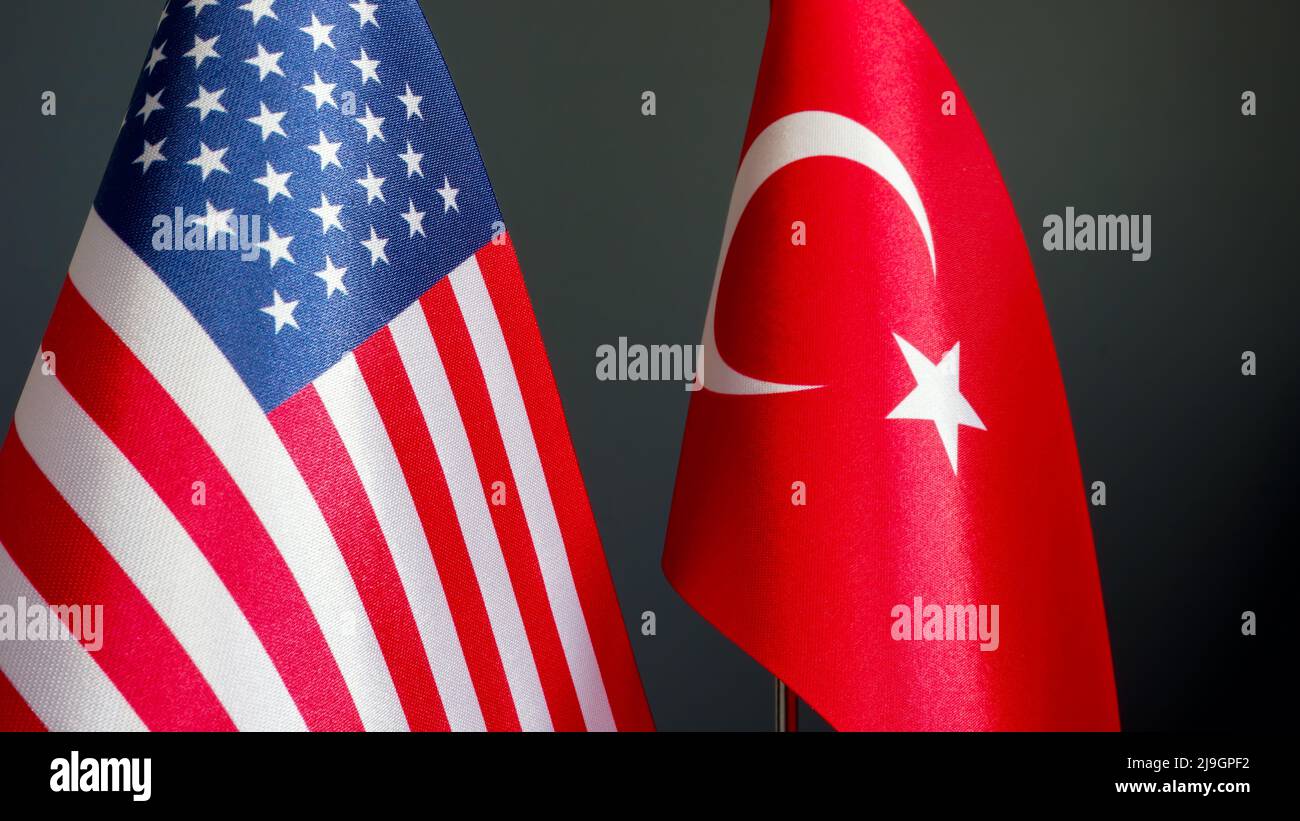 Flags of the USA and Turkey as a symbol of diplomacy. Stock Photo